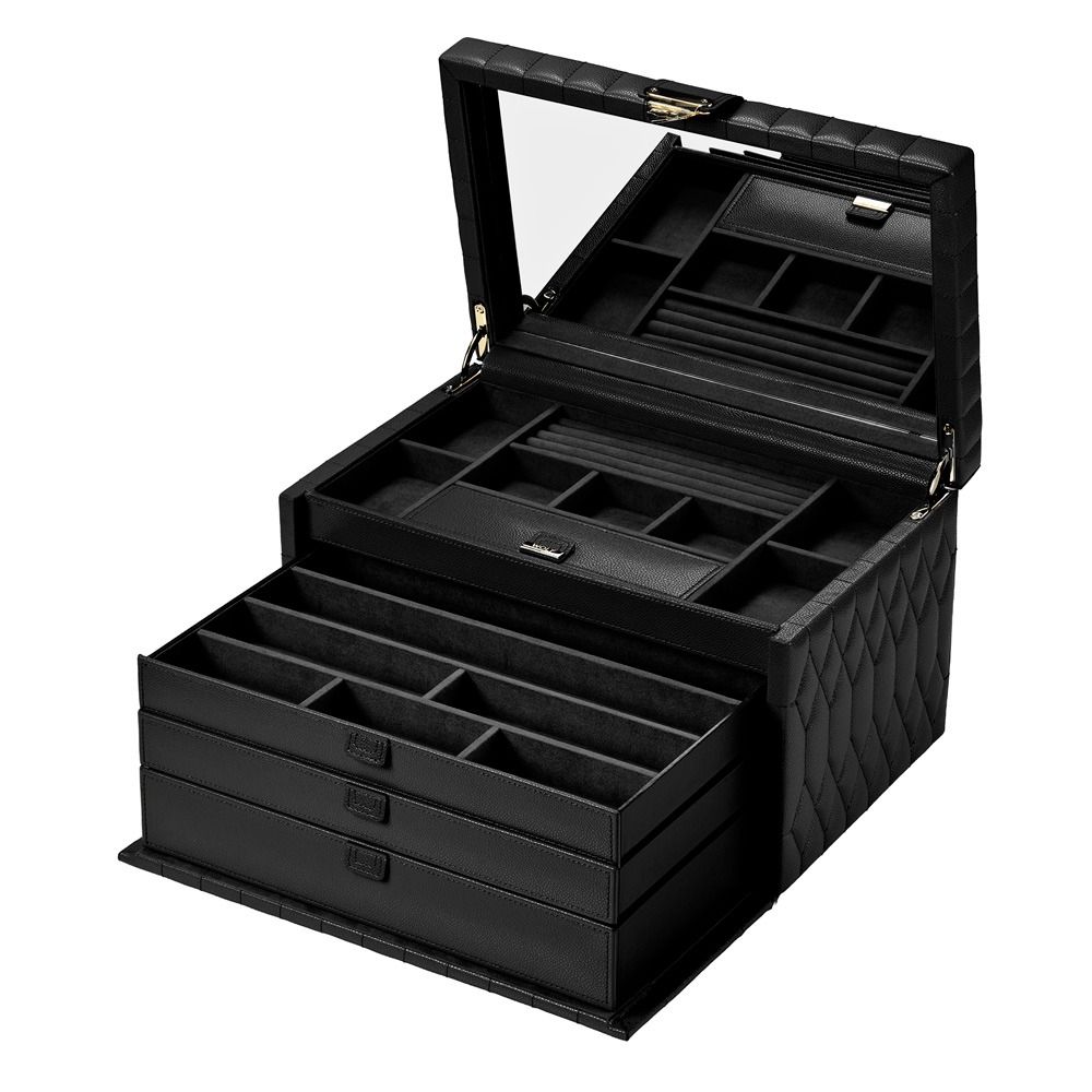 The WOLF 1834 Lauren Large Jewellery Box Black is a sophisticated quilted leather jewelry box featuring a hinged lid, built-in mirror, multiple divided compartments, and two pull-out drawers—perfect for organizing your accessories. Designed by WOLF, this large jewellery case includes a tarnish-resistant interior to keep your treasures sparkling and protected.