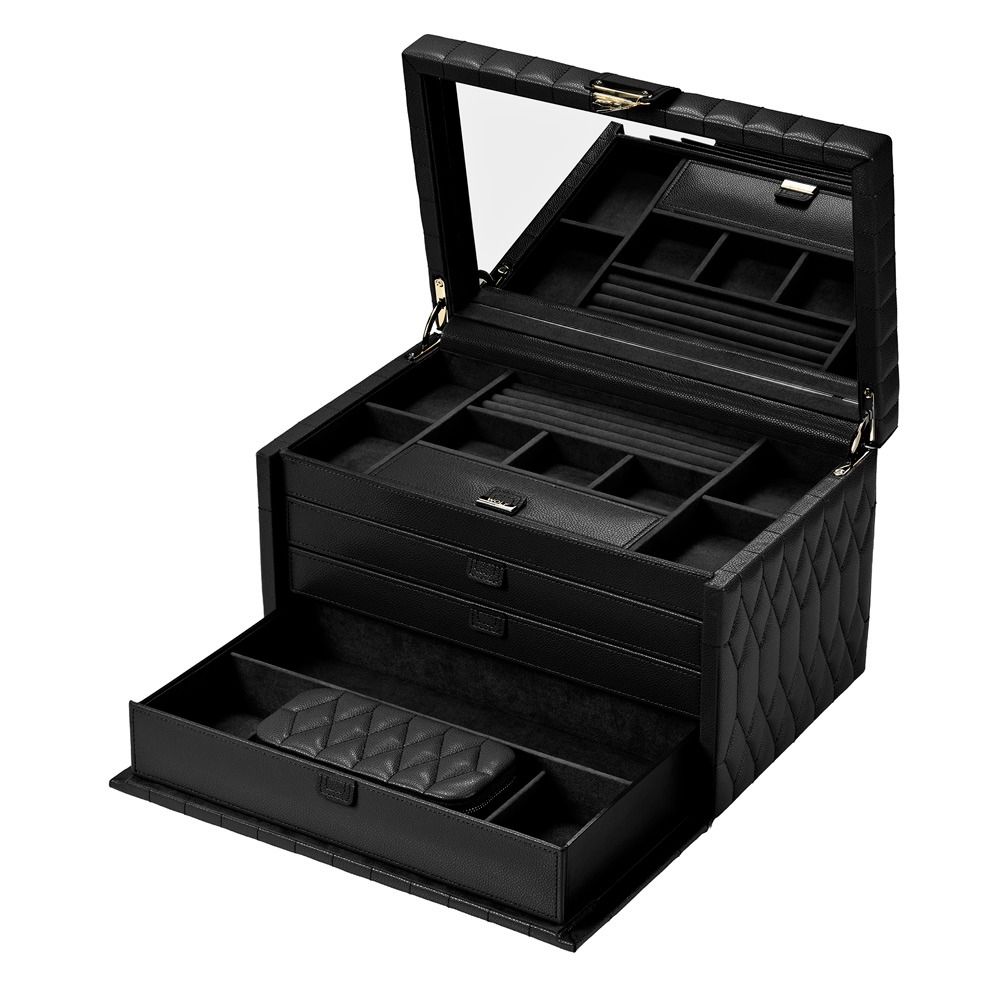 The WOLF 1834 Lauren Large Jewellery Box in Black features a diamond quilted leather exterior and opens to reveal a mirror, multiple compartments, pull-out drawers, and organized sections—combining elegance and functionality to keep your jewelry organized and tarnish resistant.
