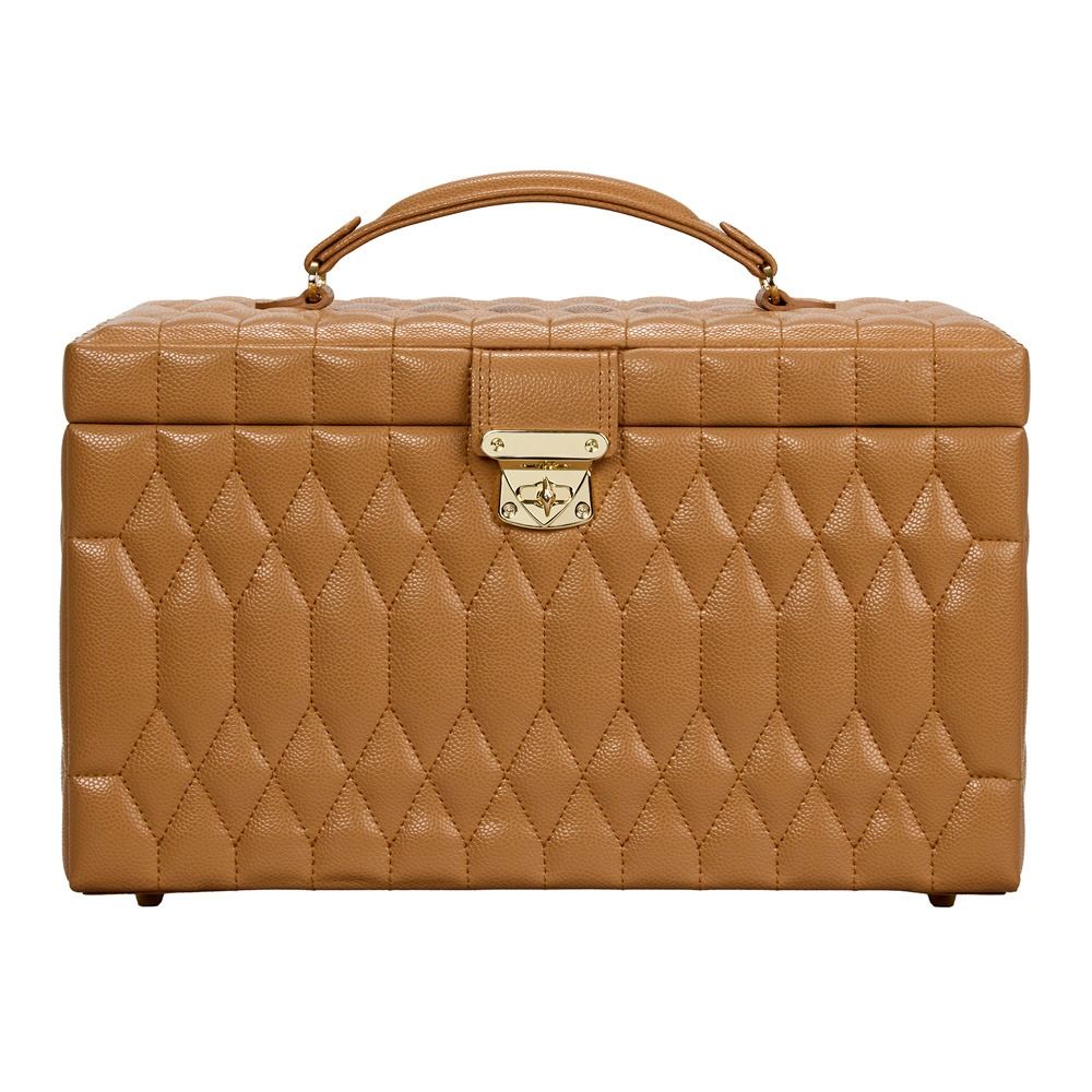WOLF 1834 Lauren Large Jewellery Box in Carmel by WOLF features luxurious diamond-quilted leather, a stylish top handle, and a gold clasp at the front. The elegant diamond pattern decorates the surface, and the box is elevated on four small feet.