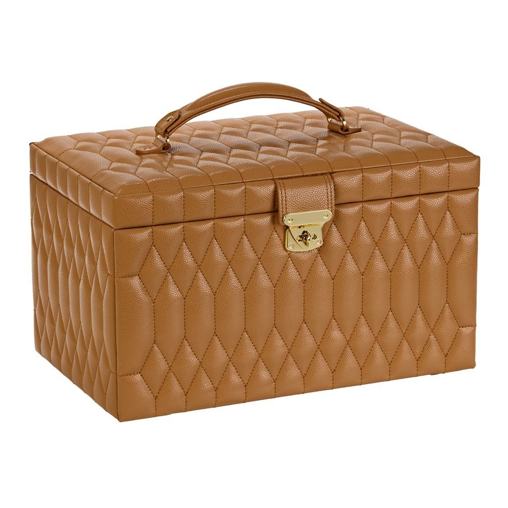Introducing the WOLF 1834 Lauren Large Jewellery Box in Carmel—a luxurious tan jewellery case by WOLF. Crafted with diamond-quilted leather, it features a textured, diamond-patterned design, a convenient top handle, and a striking gold clasp at the front. Perfect for elegant storage of your treasured pieces.