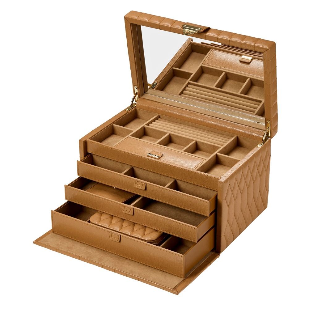 Introducing the WOLF 1834 Lauren Large Jewellery Box Carmel by WOLF—a tan diamond-quilted leather jewellery case featuring a mirrored lid, LusterLoc™ lining, multiple compartments, and three open drawers to organize your jewelry and accessories.