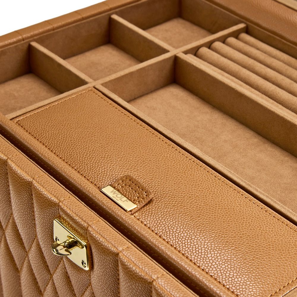 A close-up of the WOLF 1834 Lauren Large Jewellery Box in Carmel—a tan diamond quilted leather case featuring a gold-tone clasp and multiple compartments lined with soft fabric for organized jewelry storage, including anti-tarnish protection to keep your treasures looking their best.