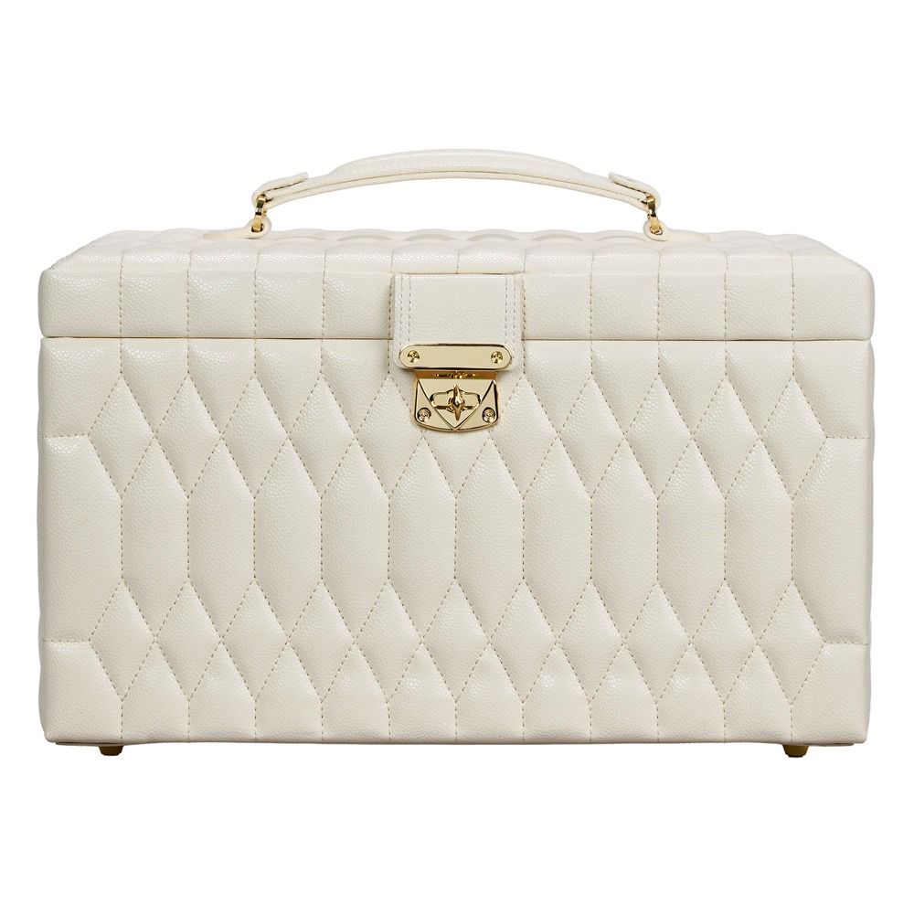 Introducing the WOLF 1834 Lauren Large Jewellery Box in Ivory: a luxurious jewellery case crafted from white, diamond-quilted leather by WOLF. It features a secure gold-tone latch, protective metal feet, and a convenient handle on top. The refined diamond pattern stitching enhances both its elegant appearance and helps safeguard against tarnishing.