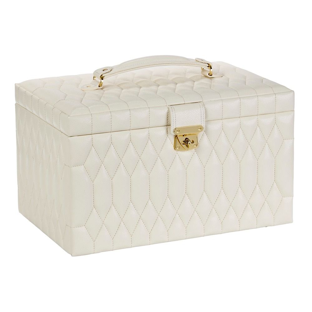 The WOLF 1834 Lauren Large Jewellery Box in ivory features diamond quilted leather, a top handle, and a gold front clasp, shown at an angle against a white background.