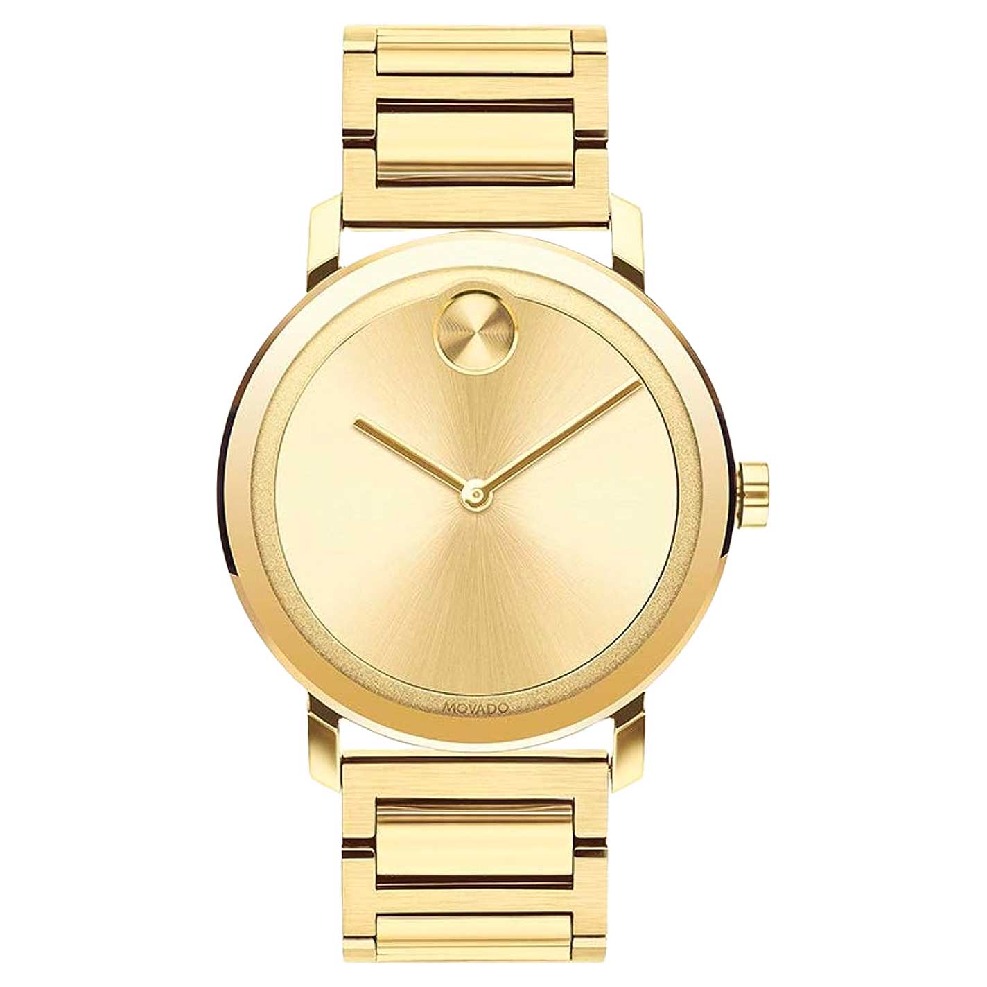 The Movado BOLD Quartz 40mm Watch showcases modern elegance with its sleek design, featuring a minimalist round dial with two thin hands and a polished gold ion-plated stainless steel band. The watch face is highlighted by a single stud at the 12 o'clock position, adding a unique touch to this exquisite piece crafted by Movado.