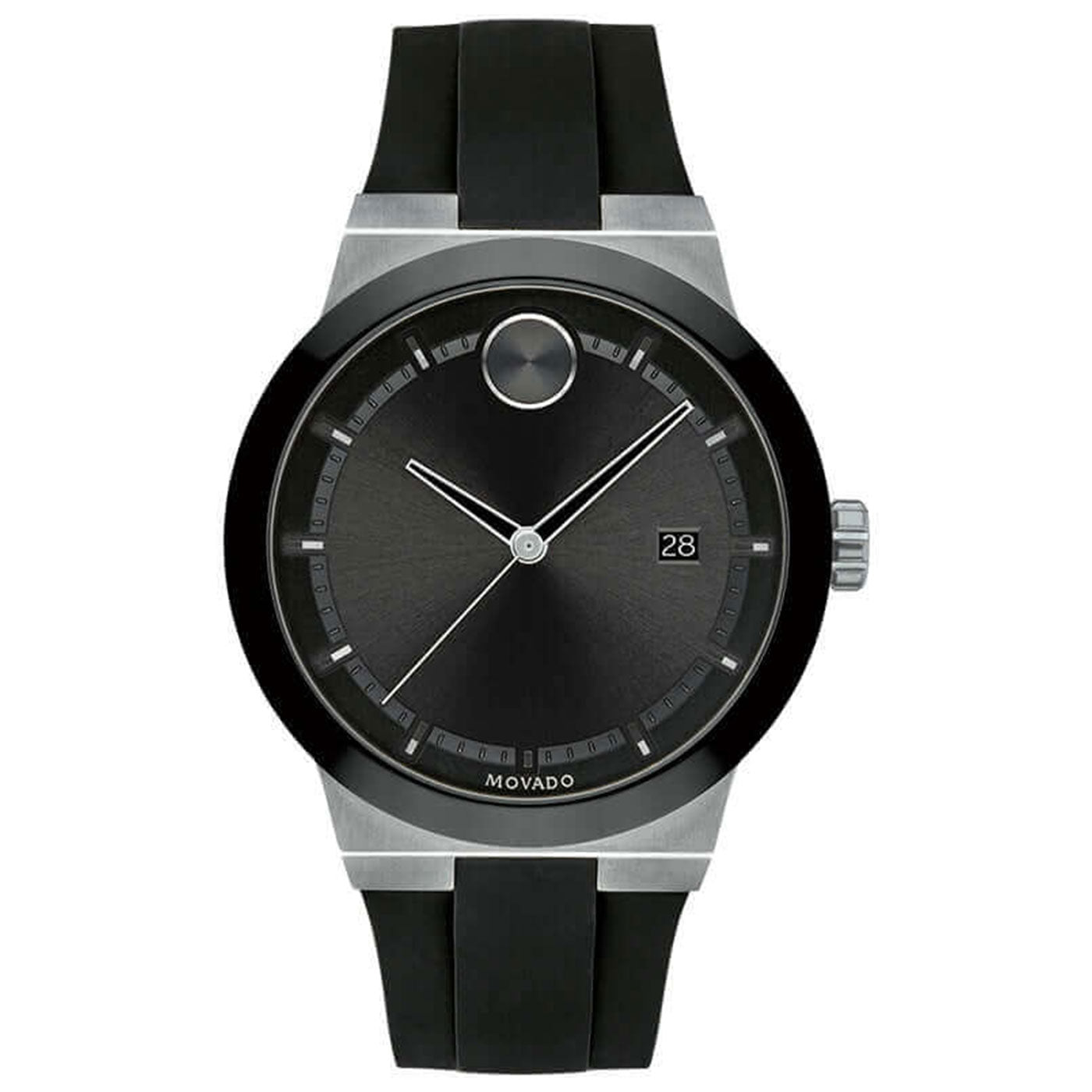 The Movado BOLD Quartz 42mm Watch is a sleek timepiece with a minimalist black face, featuring silver hour and minute hands, a circular silver mark at the 12 o'clock position, and a date display. The stylish band perfectly complements the silver-and-black case.