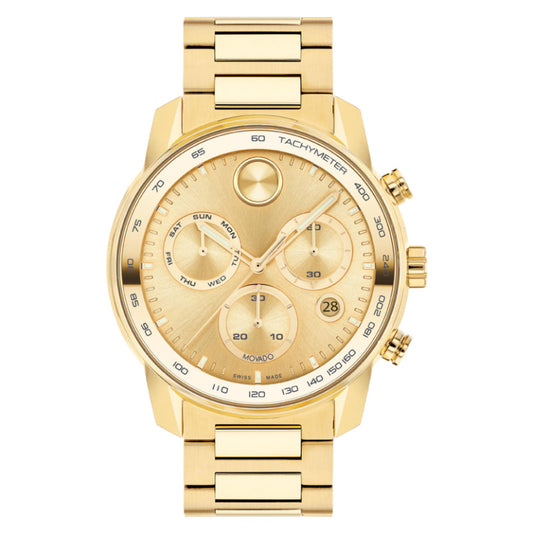 The Movado BOLD Verso Quartz 44mm Watch by Movado features a tachymeter bezel and three subdials that display the day, date, and 24-hour time. Its yellow gold chronograph design showcases a round face paired with a coordinating metal link bracelet, all enhanced with Swiss Super-LumiNova for optimal readability in any lighting condition.