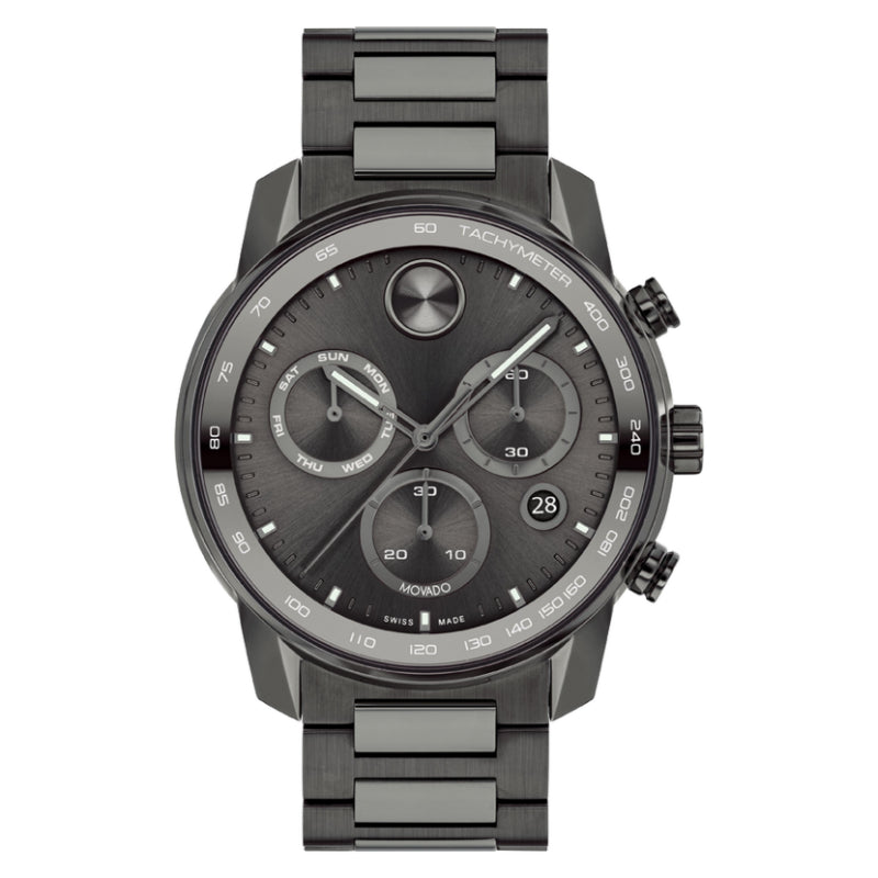 The Movado BOLD Verso Quartz 44mm Watch by Movado boasts a sleek gunmetal finish with three sub-dials, a tachymeter scale on the bezel, and a date window located at 4 o'clock. Its bracelet strap complements the modern and sophisticated design.