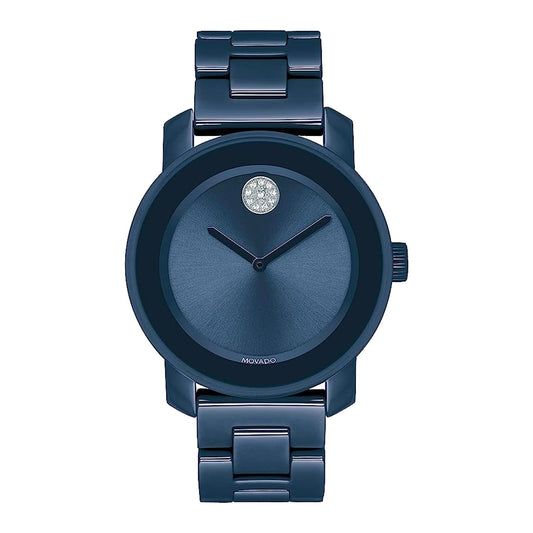 The Movado BOLD Evolution 2.0 Quartz 34mm Watch by Movado showcases a sleek, modern style with its minimalist design. It comes with a stainless steel case, dark blue metal strap, and an uncluttered blue face accented by a single dot at the 12 o'clock position.