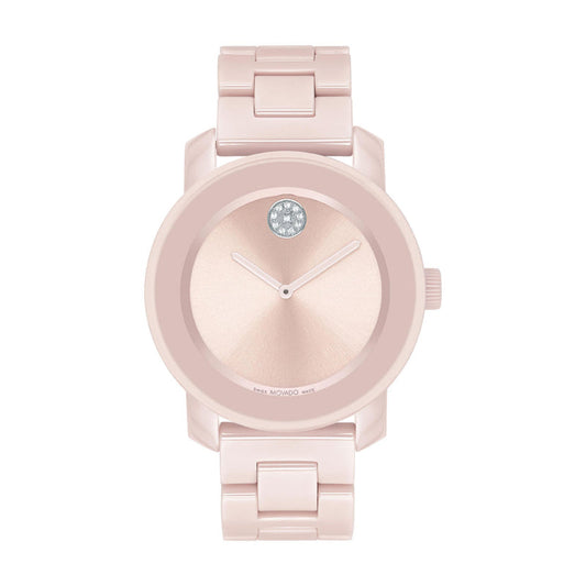 Experience the elegance of the Movado BOLD Ceramic Quartz 36mm Watch, featuring a minimalist rose gold design with a stainless steel bracelet and a polished, round face. This sophisticated timepiece showcases simple hour and minute hands, accentuated by a singular crystal embellishment at the 12 o'clock position for timeless appeal.