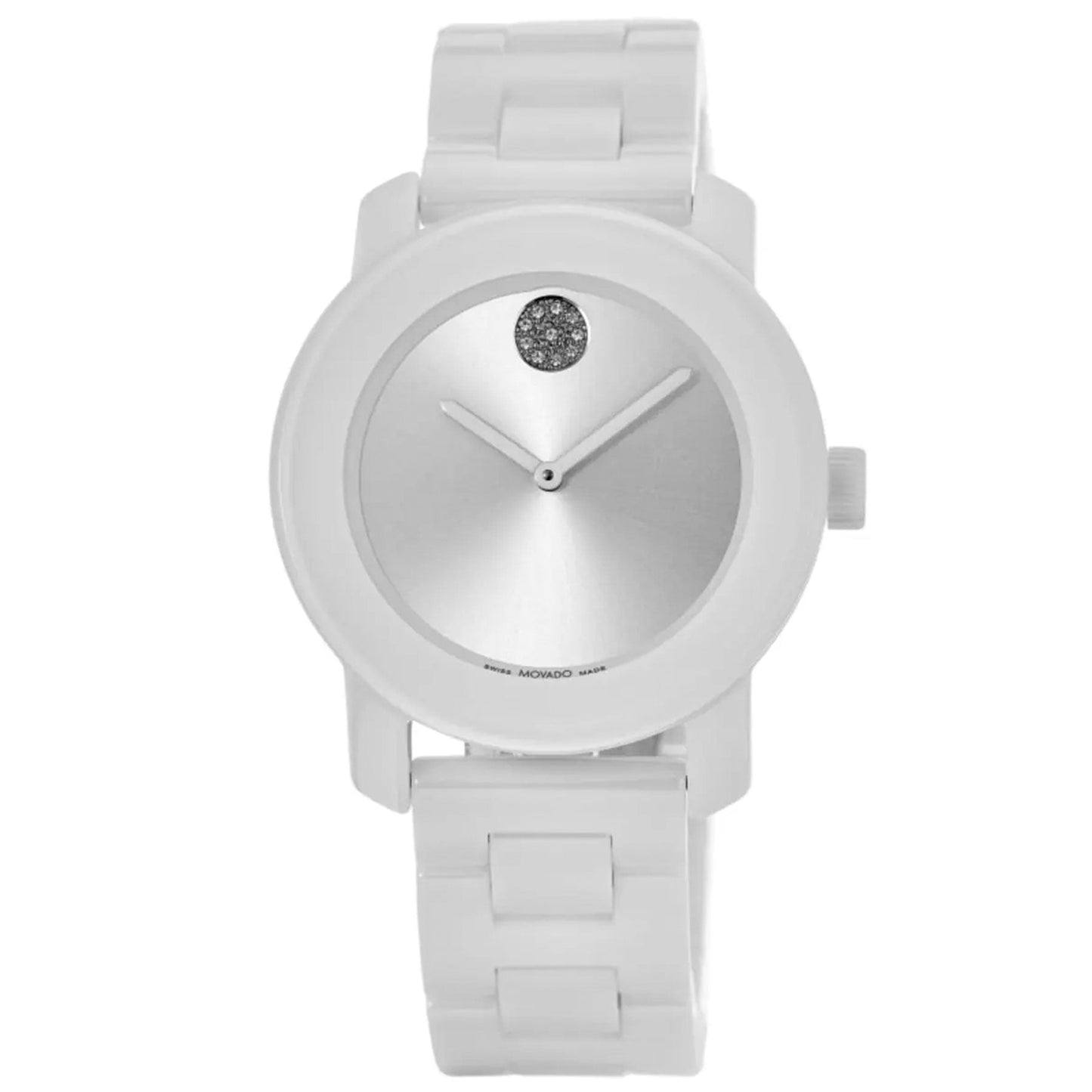 The Movado BOLD Quartz 36mm Watch is a minimalist timepiece featuring a silver finish and a white band. Its watch face is designed without numbers, showcasing simple hour and minute hands, while a small diamond accent adorns the top, marking the 12 o'clock position.