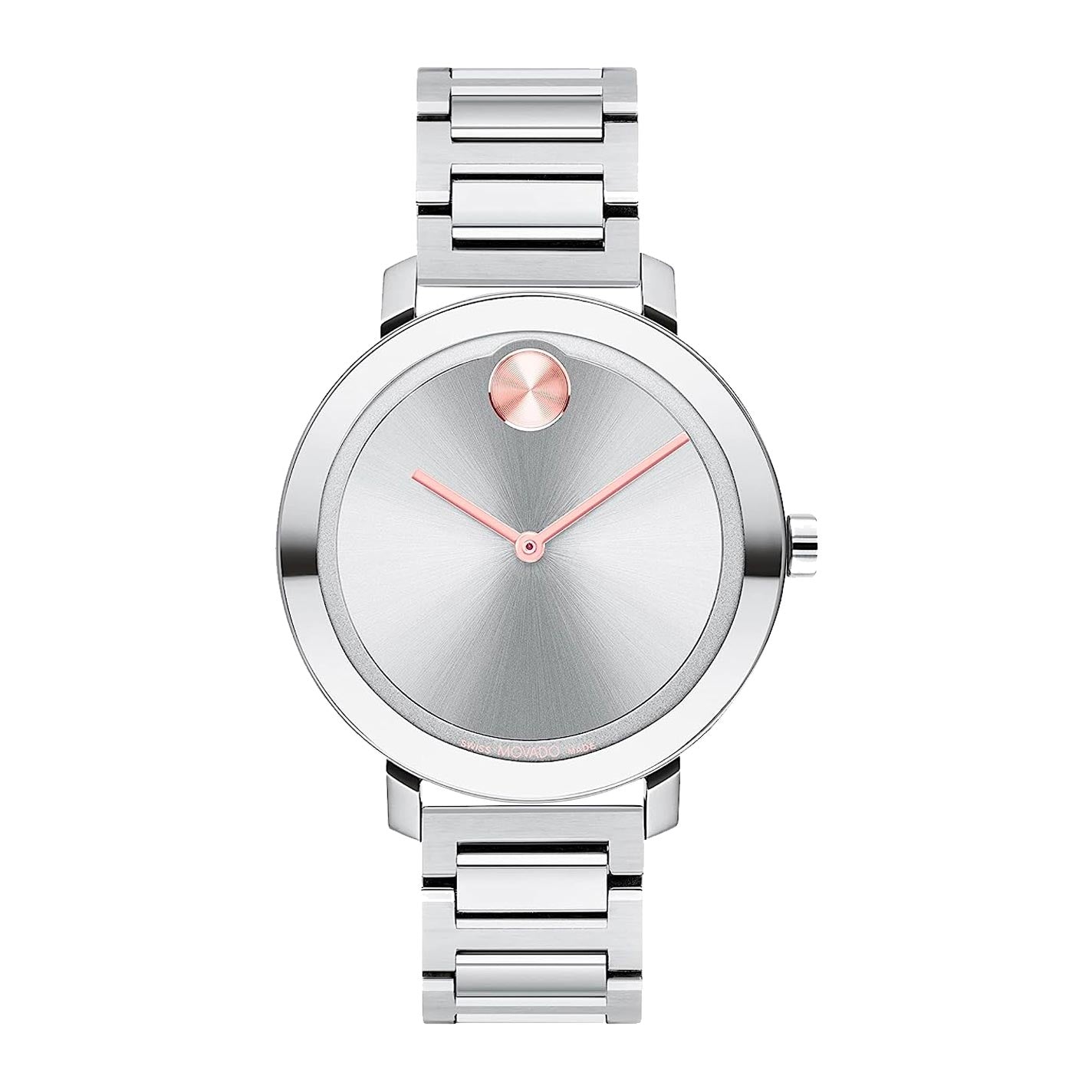 The Movado BOLD Evolution Quartz 34mm Watch is a sophisticated, silver wristwatch with a minimalist design. It showcases a round face and silver-toned dial accented by a single rose gold dot at 12 o'clock, accompanied by rose gold hour and minute hands. The stainless steel link strap perfectly complements its elegant appearance.