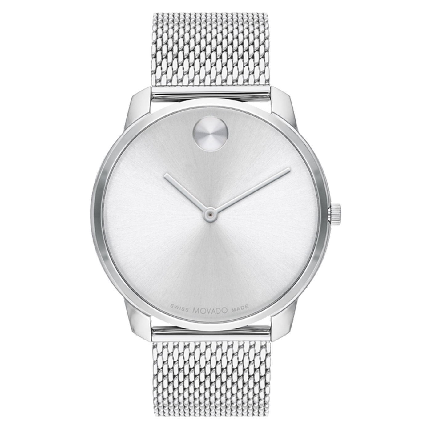 Movado BOLD Thin Quartz 42mm watch with a silver mesh band and a minimalist, round face. The face features only the Movado logo at 12 o'clock and two simple hands, while the band showcases a textured pattern.