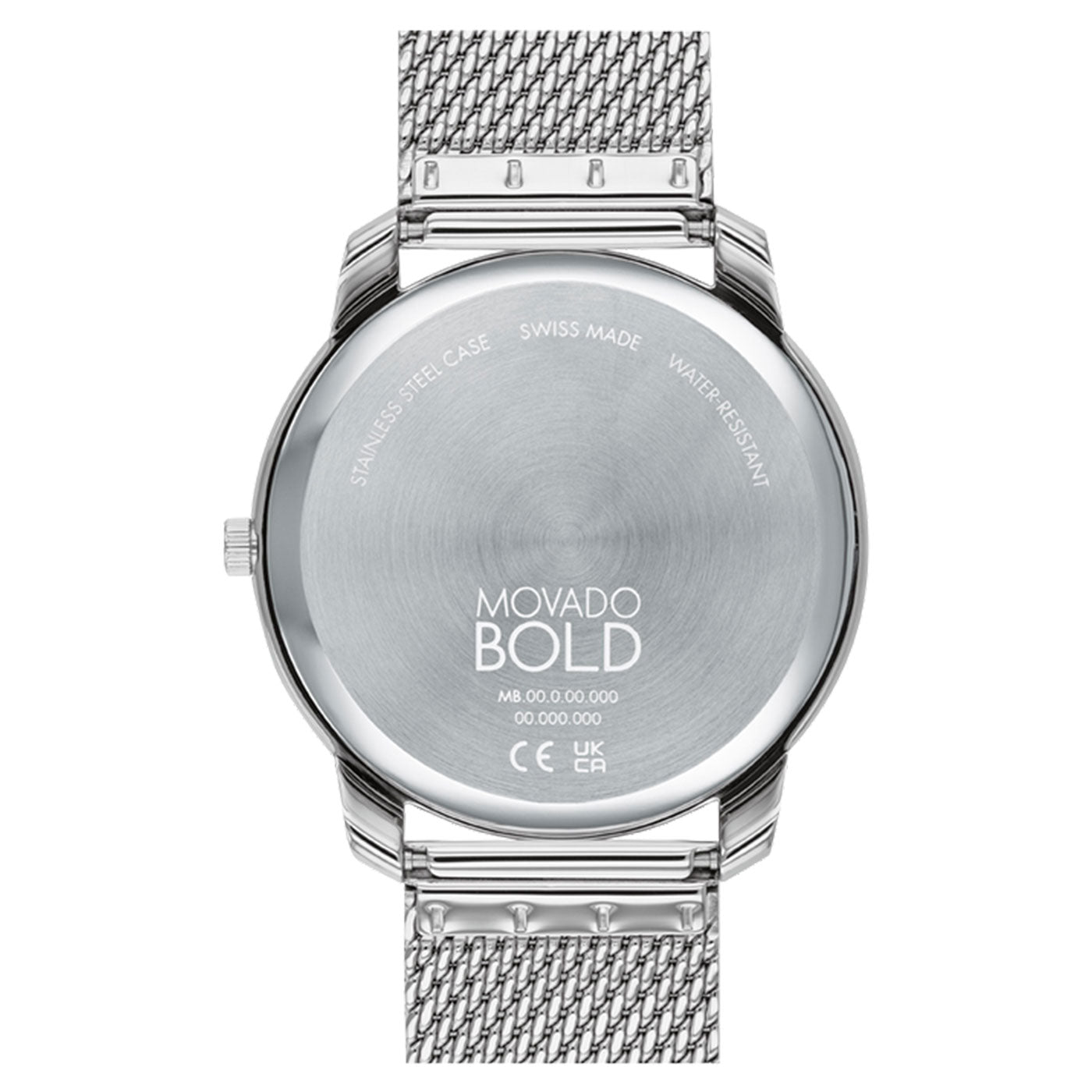 Back view of the Movado BOLD Thin Quartz 42mm Watch showcasing its stainless steel mesh strap. The case back reveals information that it is Swiss made, water-resistant, and features a stainless steel case. The watch boasts a sleek, modern design.