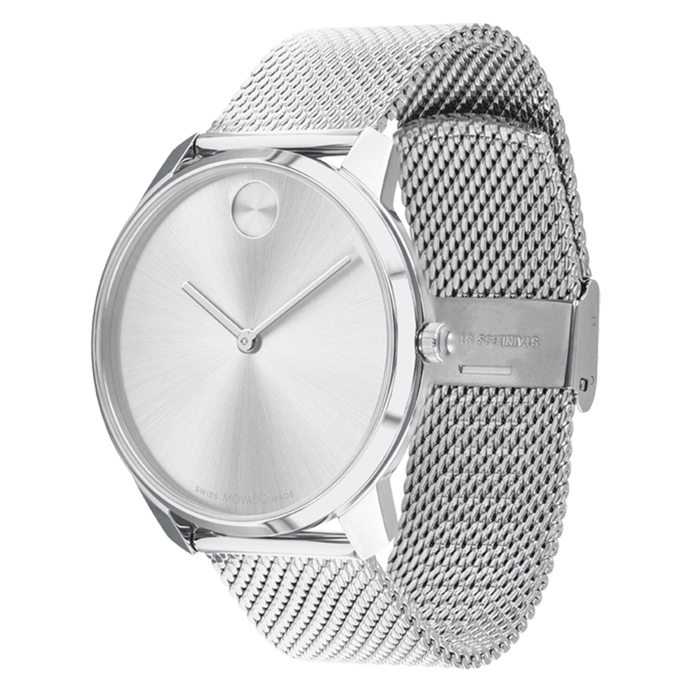 Movado BOLD Thin Quartz 42mm watch featuring a minimalist silver design with a mesh band and round face. This Movado piece showcases a plain dial with two hands, lacking visible numbers or markers, and includes a metal clasp that complements its sleek, modern aesthetic.