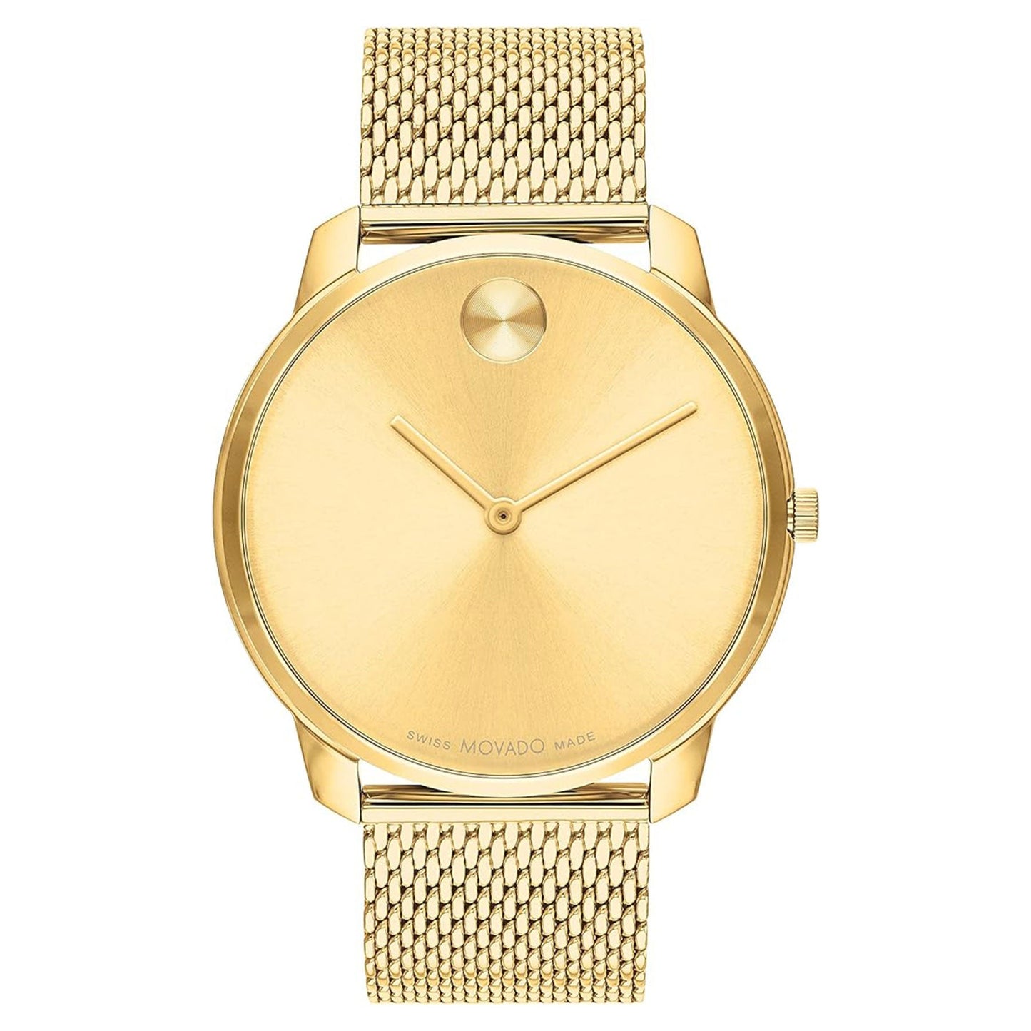 Introducing the Movado BOLD Thin Yellow Quartz 42mm Watch by Movado, a stunning gold timepiece characterized by its minimalist design. It features a sleek mesh strap and an uncomplicated dial without numbers, showcasing two hands for hours and minutes—and a small circular accent at the 12 o'clock position.