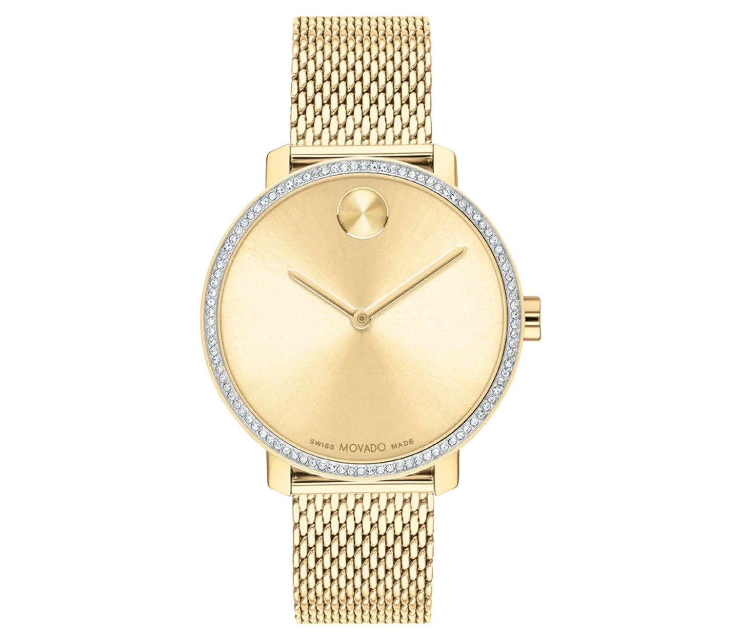 The Movado BOLD Shimmer Quartz 34mm Watch is a gold timepiece from Movado that boasts a minimalist Swiss-made design. It features a round dial, simple hour and minute hands, and a mesh bracelet. The crystal-covered bezel is adorned with small diamonds, and the iconic dot is positioned at the 12 o'clock mark.