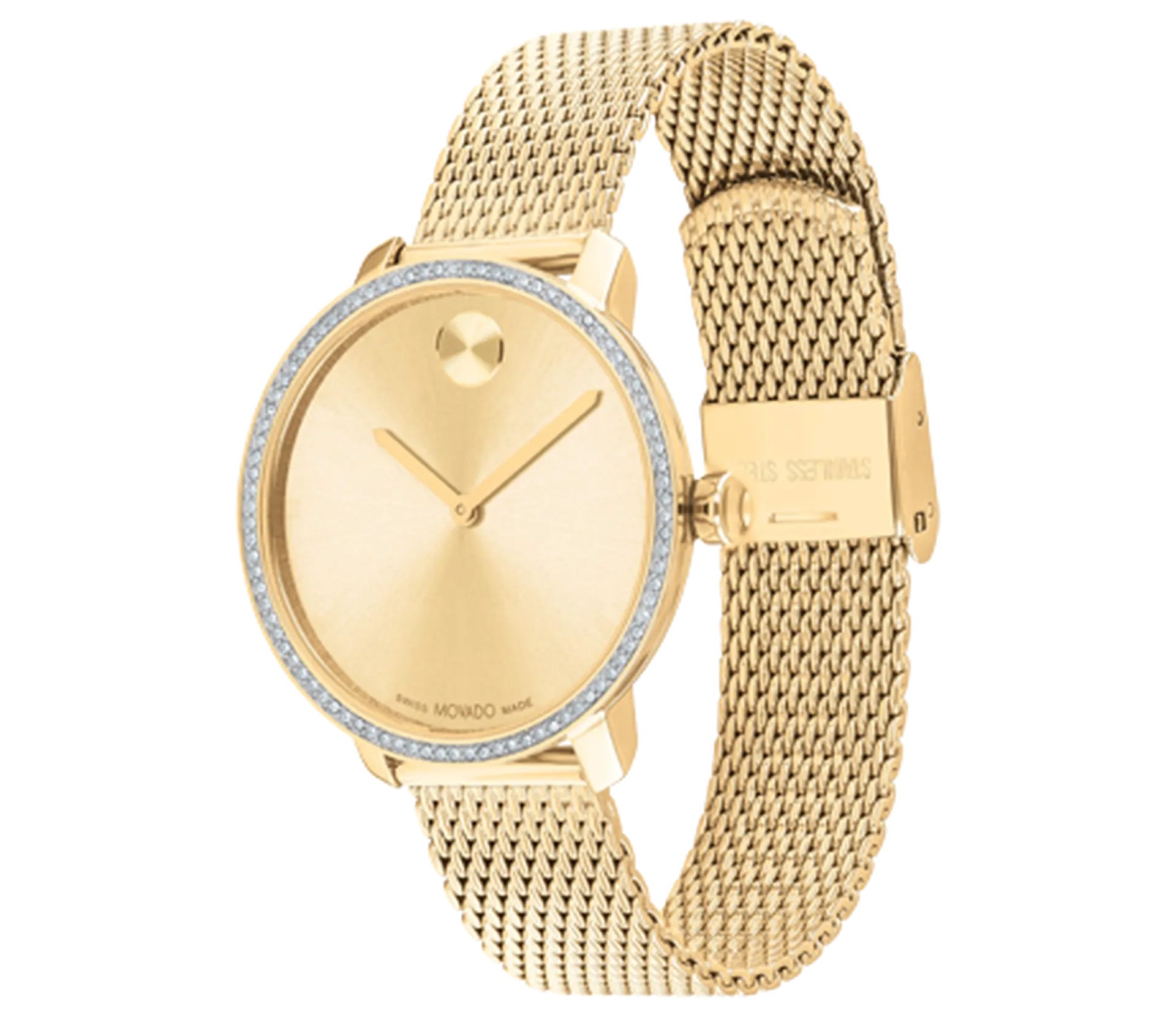 The Movado BOLD Shimmer Quartz 34mm Watch by Movado showcases a minimalist yellow gold tone design, featuring a round face with no numbers—just a single dot at 12 o'clock and two simple hands. Its crystal-covered bezel adds subtle dazzle, while the elegant mesh bracelet enhances its sophisticated allure.