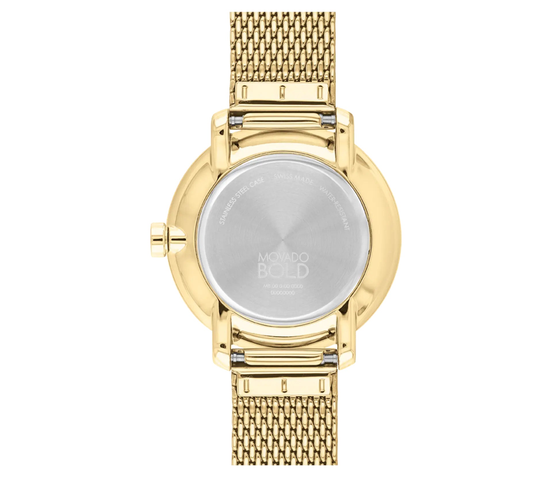 Back view of a Movado BOLD Shimmer Quartz 34mm watch showcasing a mesh strap. The gold-tone stainless steel round case features inscriptions on the back, and the prominent crown is visible on the side. This polished and elegant design exudes Swiss-made artistry and sophistication.