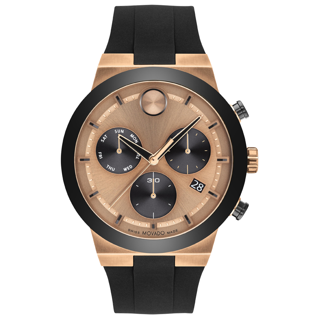 Movado BOLD Fusion Quartz Chronograph 44.5mm watch featuring a copper-tone face, black silicone strap, three subdials for day, date, and time, and a bronze ion-plated stainless steel case.