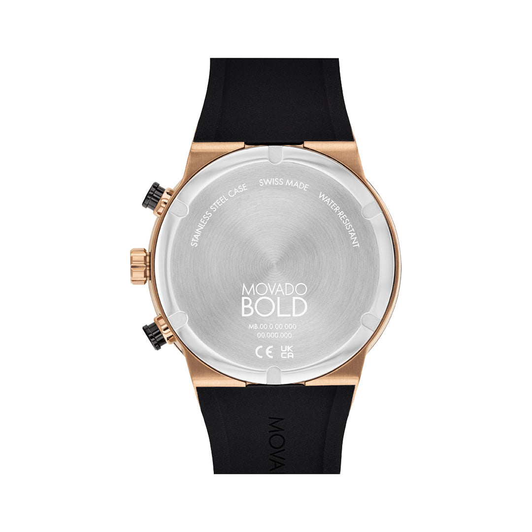 Back view of a Movado BOLD Fusion Quartz Chronograph 44.5mm Watch featuring a bronze ion-plated stainless steel case back and a black rubber strap.