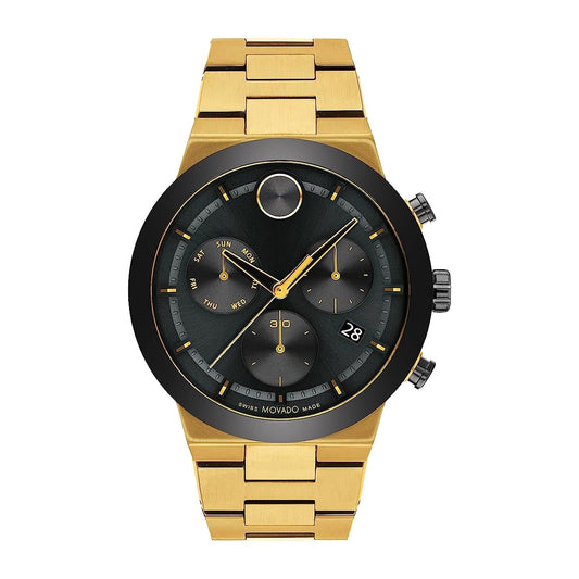 The Movado BOLD Fusion Quartz 44.5mm Watch, by Movado, features a sleek design with a ceramic bezel and a black chronograph dial. It includes three subdials for tracking the day, date, and smaller time intervals. The watch's gold-toned bracelet with a brushed finish enhances its elegant look.
