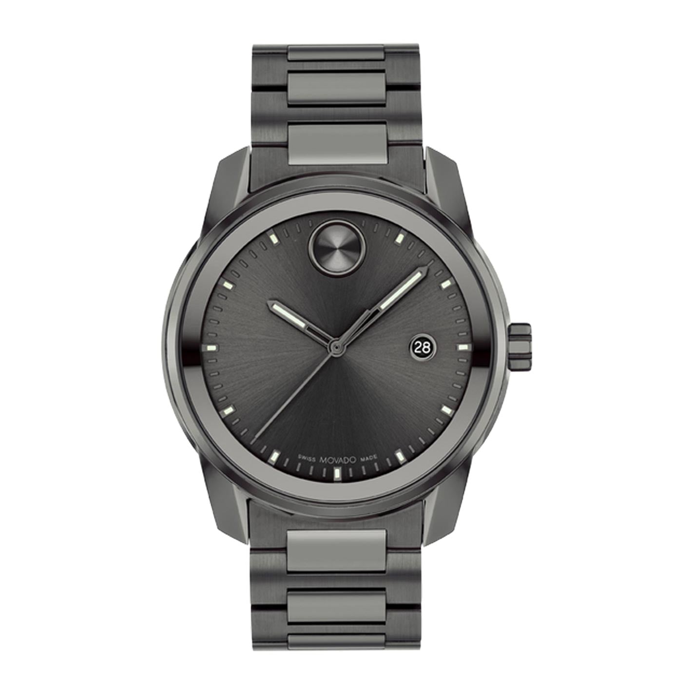 The Movado BOLD Verso Quartz 42mm Watch by Movado is a refined timepiece featuring a sleek gunmetal ion-plated finish and minimalist design. It boasts a dark gray face with silver hour markers enhanced by Swiss Super-LumiNova®, along with a date display at 3 o'clock. The classic metal link bracelet perfectly complements its iconic single dot emblem at 12 o'clock.