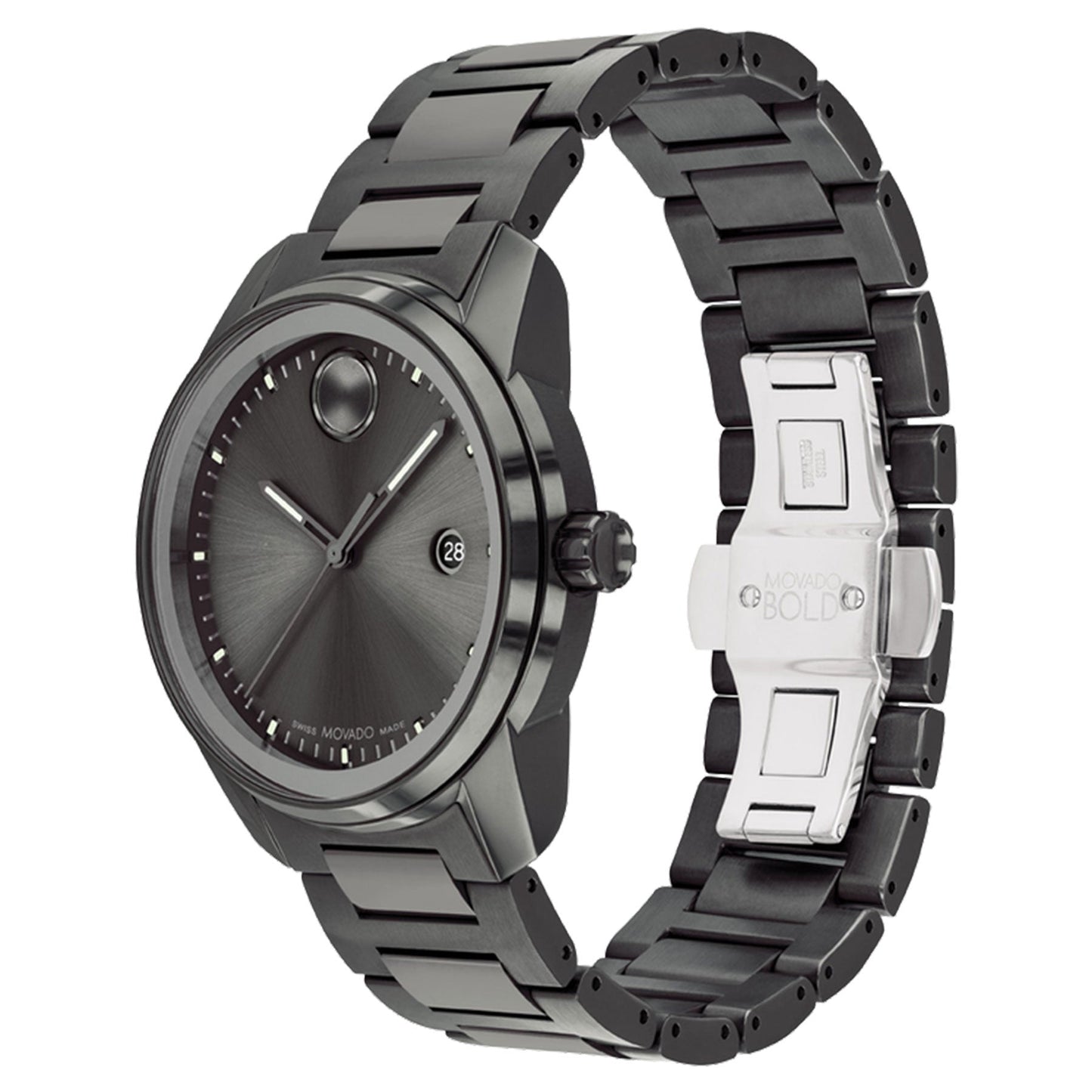 The Movado BOLD Verso Quartz 42mm Watch by Movado is an elegant, black timepiece with a round face, showcasing minimal hour markers and a date display. Its gunmetal ion-plated metal strap features a combination of polished and matte finishes, enhancing its sophisticated appearance.