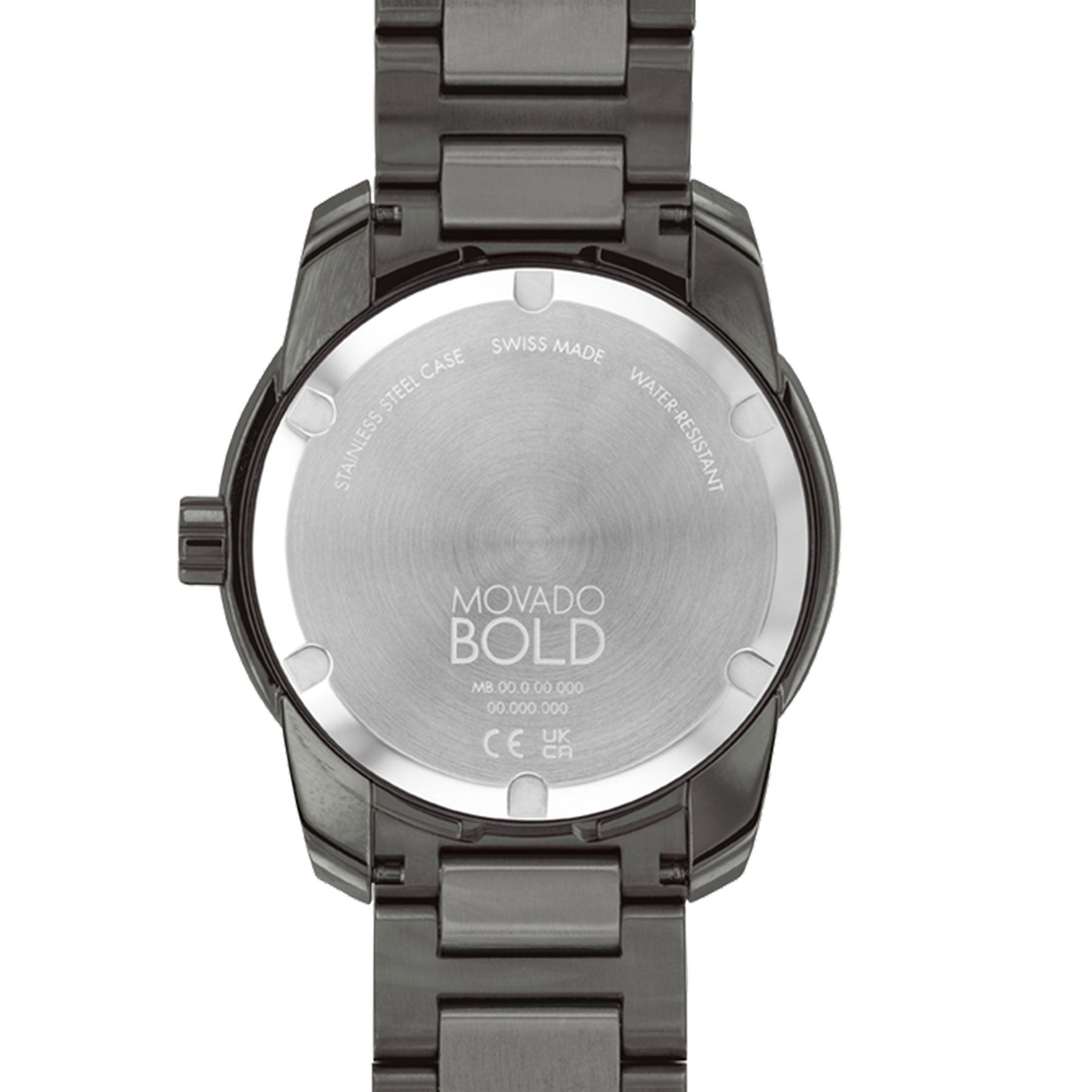 The image displays the back of a Movado BOLD Verso Quartz 42mm Watch, featuring a gunmetal ion-plated metal wristband. The text reveals "Stainless Steel Case," "Swiss Made," and "Water Resistant." The watch's serial number is also visible, underscoring its premium craftsmanship.