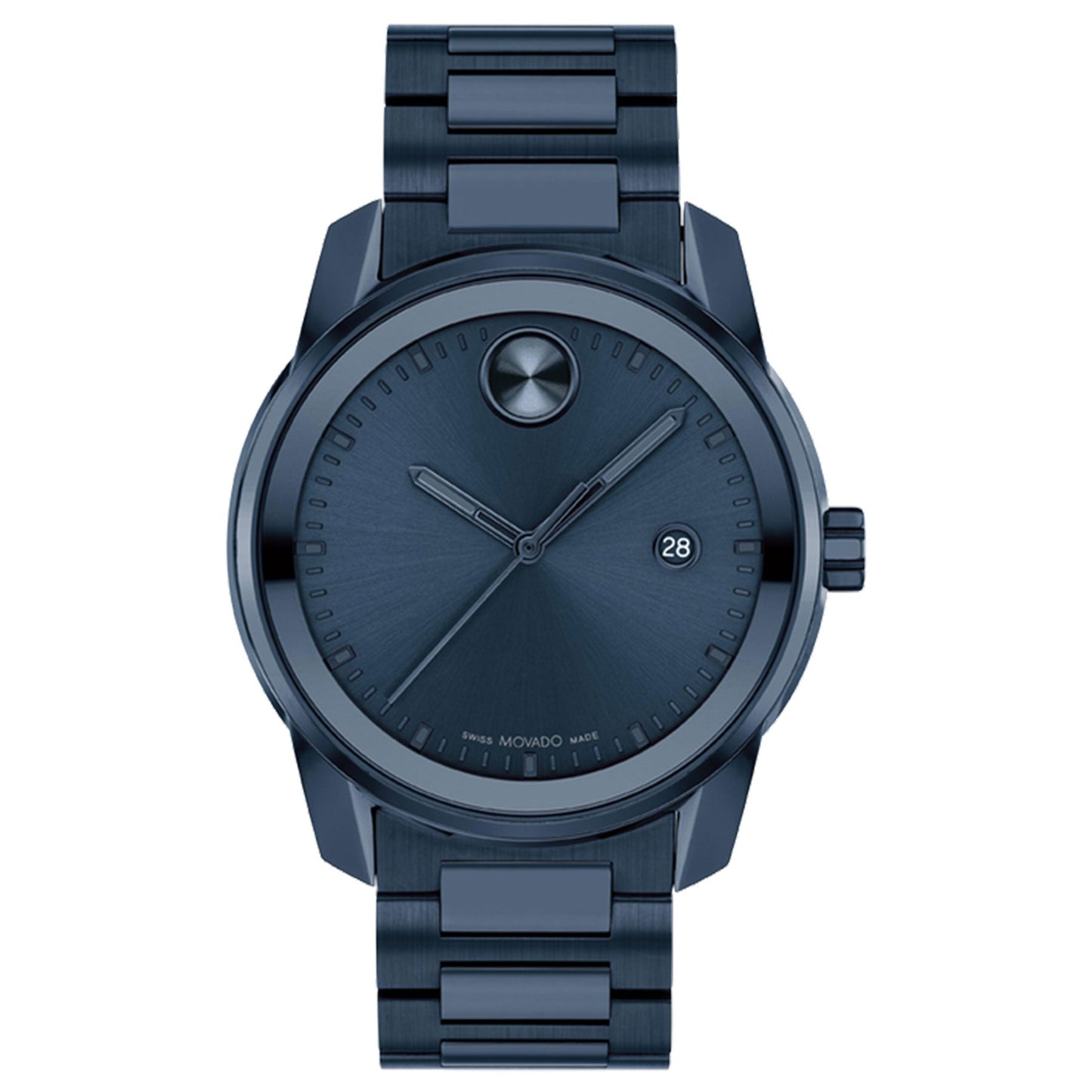 The Movado BOLD Verso Quartz 42mm Watch by Movado is a sleek and modern accessory with a stainless steel band and an eye-catching dark blue face. The minimalist design boasts Swiss Super-LumiNova® accents, including a subtle dot at 12 o'clock and a date window at 3 o'clock, complemented perfectly by matching hands for an elegant finish.