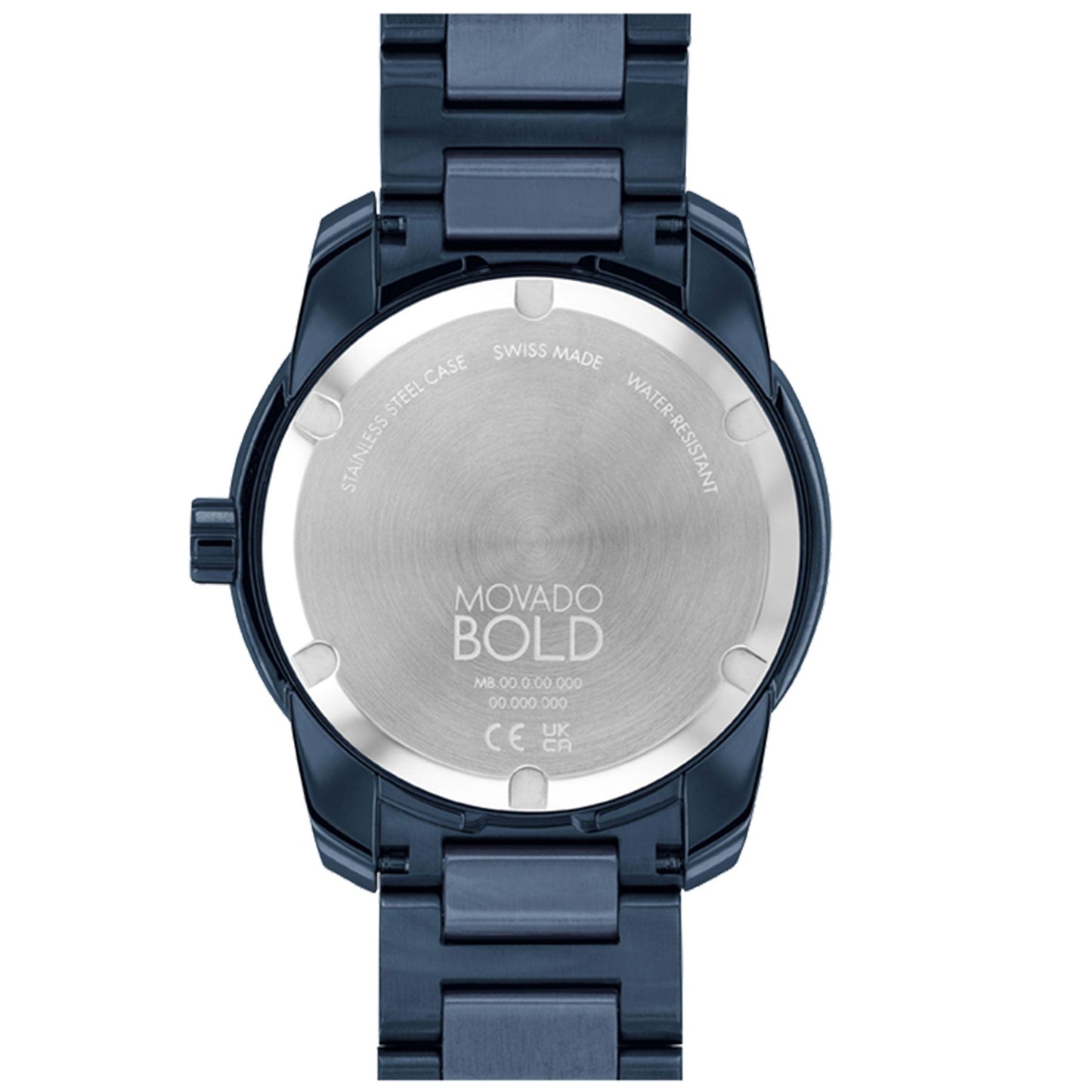 Back view of a Movado BOLD Verso Quartz 42mm watch showcasing its stainless steel case and water-resistant label. The back is engraved with "Swiss Made" and specifications, connected to a blue ion-plated metallic link bracelet.