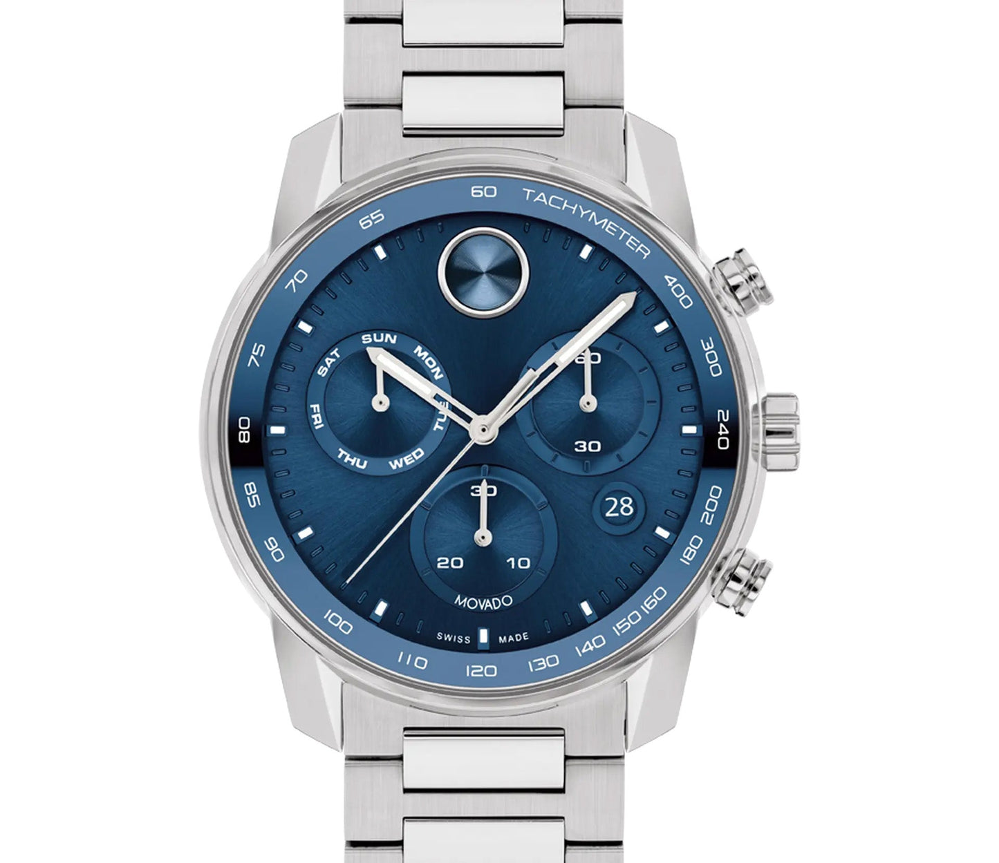 The Movado BOLD Verso Quartz 44mm Watch is an impressive timepiece by Movado, showcasing a stainless steel case paired with a blue chronograph dial that includes three sub-dials for days, dates, and a 24-hour clock. Its bezel features a tachymeter scale and is complemented by an elegant metal link band.