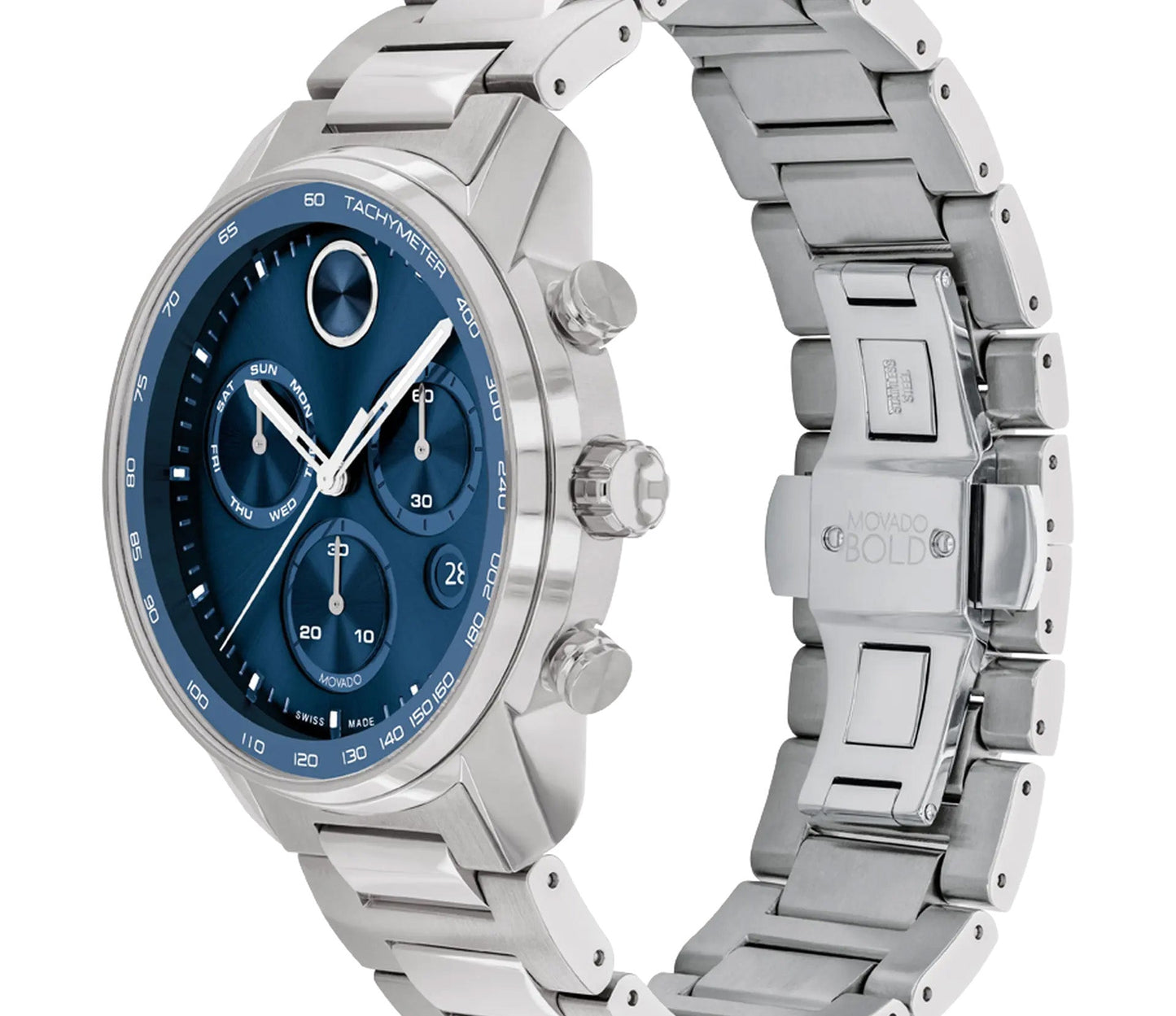 The Movado BOLD Verso Quartz 44mm Watch is a sophisticated timepiece featuring a stainless steel case and a metallic link bracelet. It boasts a striking blue chronograph dial with three subdials, a date indicator, and comes with a branded clasp, along with an intricately designed crown on the side.