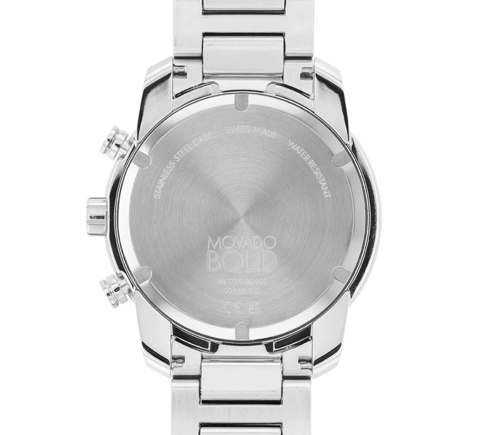 The image features the back of a Movado BOLD Verso Quartz 44mm watch with a metal bracelet. The stainless steel case is engraved with details such as "Swiss Made" and "Water Resistant.