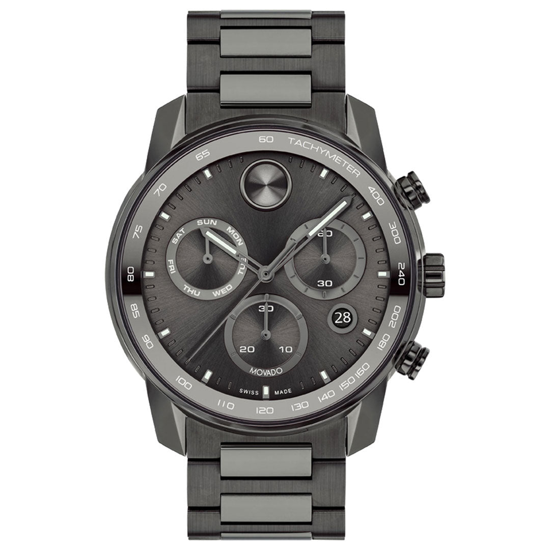 The Movado BOLD Verso Chronograph Quartz 44mm Watch pairs a black stainless steel case with a brushed metal face featuring silver accents, three subdials, a date window, and a tachymeter bezel. Its numeral-free design and Swiss Super-LumiNova detailing ensure exceptional visibility in low light.