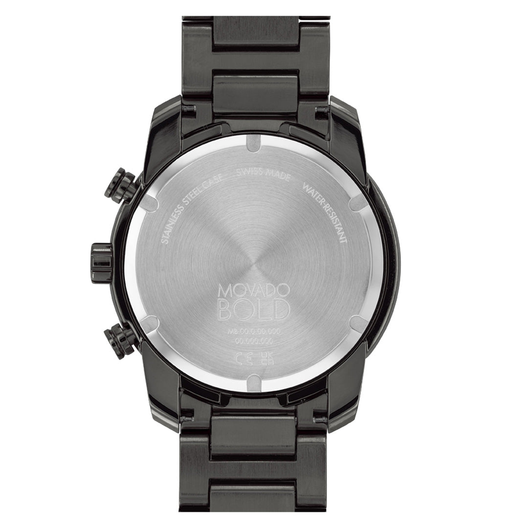 The back of a Movado BOLD Verso Chronograph Quartz 44mm watch by Movado features a stainless steel case with visible screws, engraved text stating it is Swiss made and water resistant, and is paired with a black metal link band.