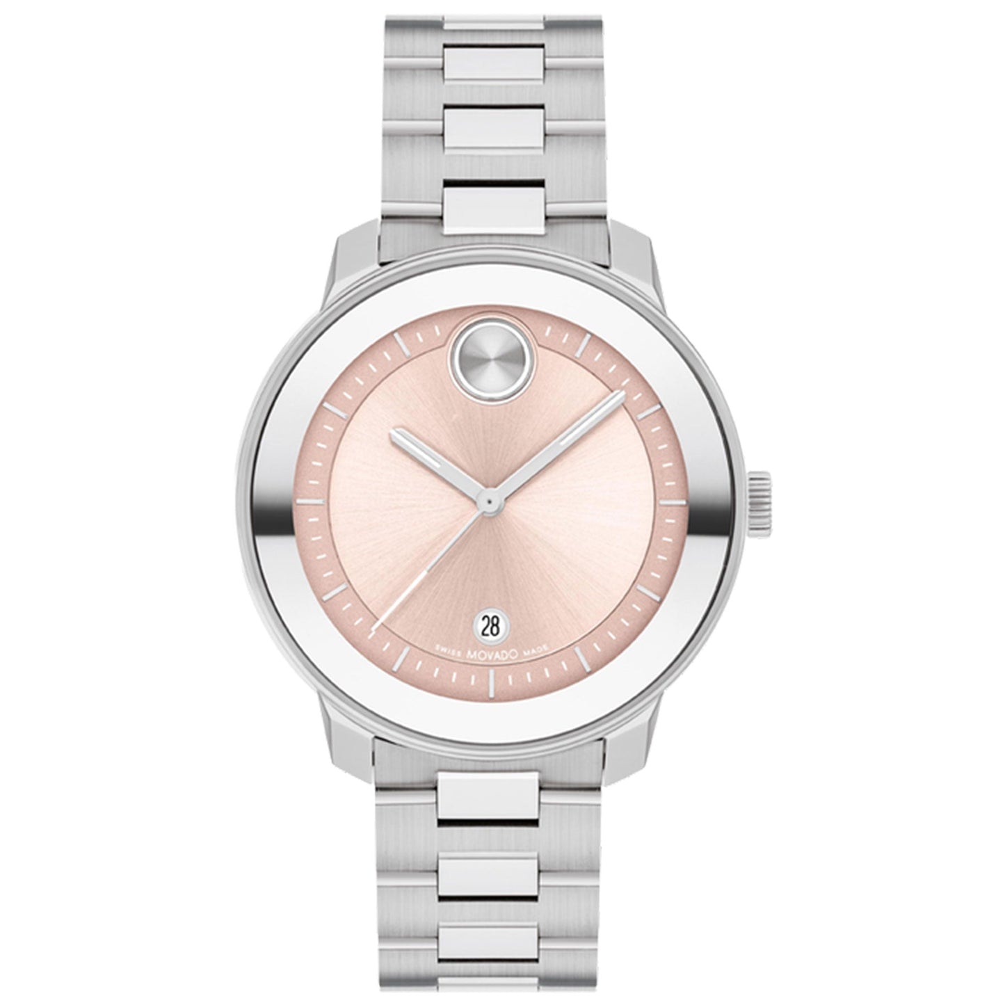 The Movado BOLD Verso Quartz 38mm watch by Movado features a stainless steel construction with a blush dial in a contemporary-chic design. It boasts a minimalist look characterized by a single dot at the 12 o'clock position and includes a date window at 6 o'clock. The bracelet is crafted with polished and brushed links for added style.