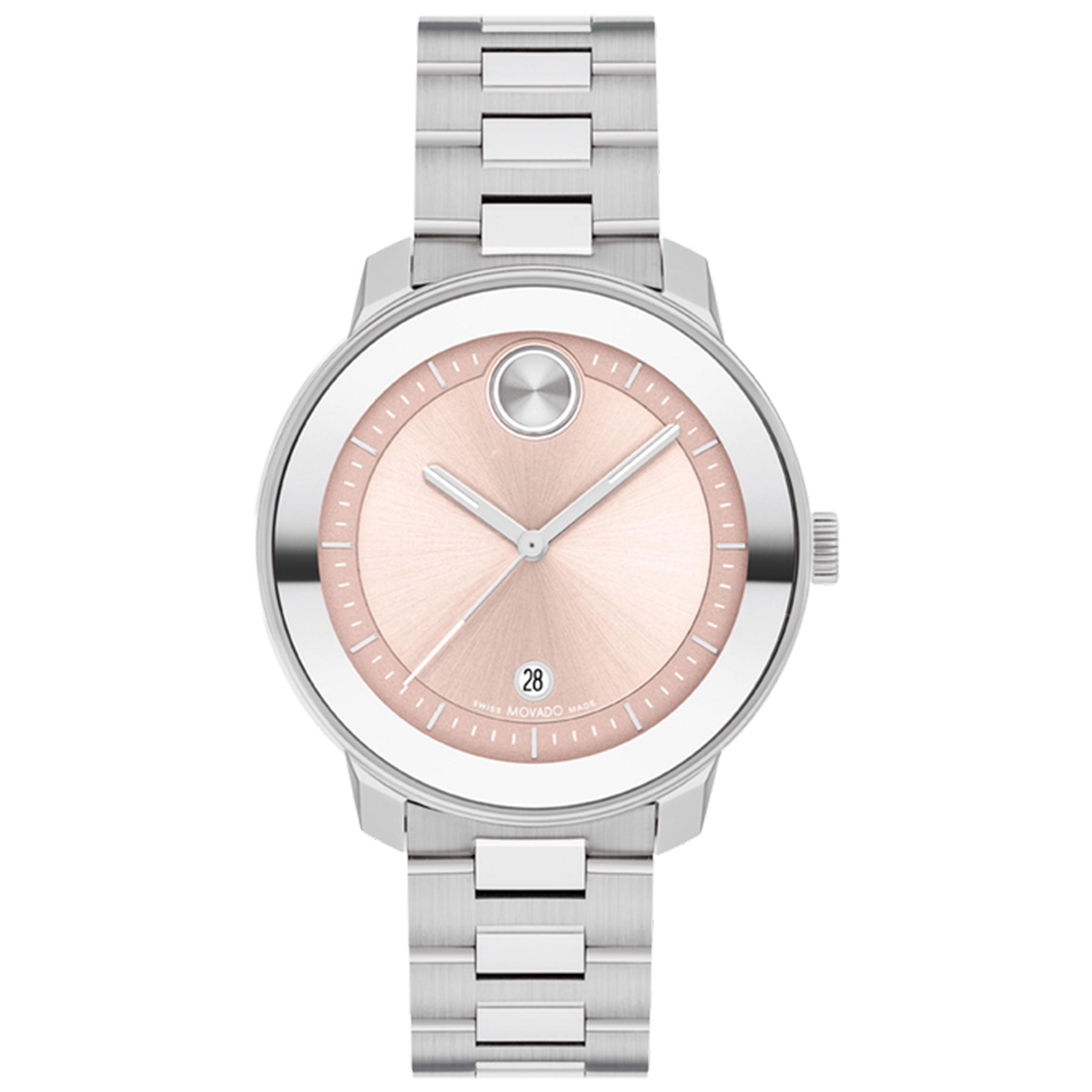 The Movado BOLD Verso Quartz 38mm watch by Movado features a stainless steel construction with a blush dial in a contemporary-chic design. It boasts a minimalist look characterized by a single dot at the 12 o'clock position and includes a date window at 6 o'clock. The bracelet is crafted with polished and brushed links for added style.