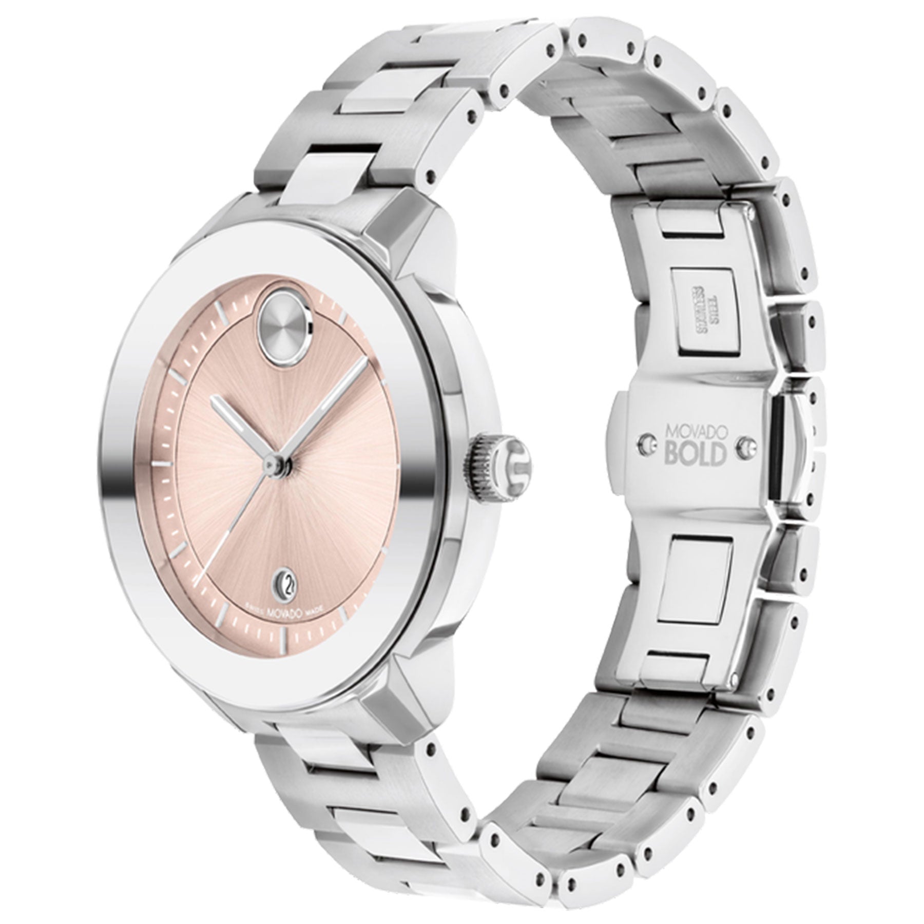 Introducing the Movado BOLD Verso Quartz 38mm Watch, a contemporary-chic timepiece with a stainless steel design. It features a blush dial and minimalist aesthetic, completed by a matte finish band and polished bezel. The watch is distinguished by the "Movado Bold" logo on the clasp.