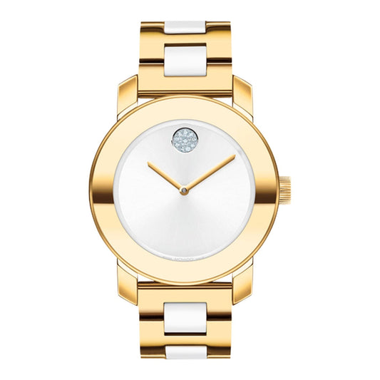 Introducing the Movado BOLD Ceramic Quartz 36mm Watch by Movado. This elegant timepiece boasts a gold and white bracelet made from gold ion-plated stainless steel. It features a round, white dial with gold hour and minute hands, enhanced by sparkling crystals at the 12 o'clock position on a minimalistic background.