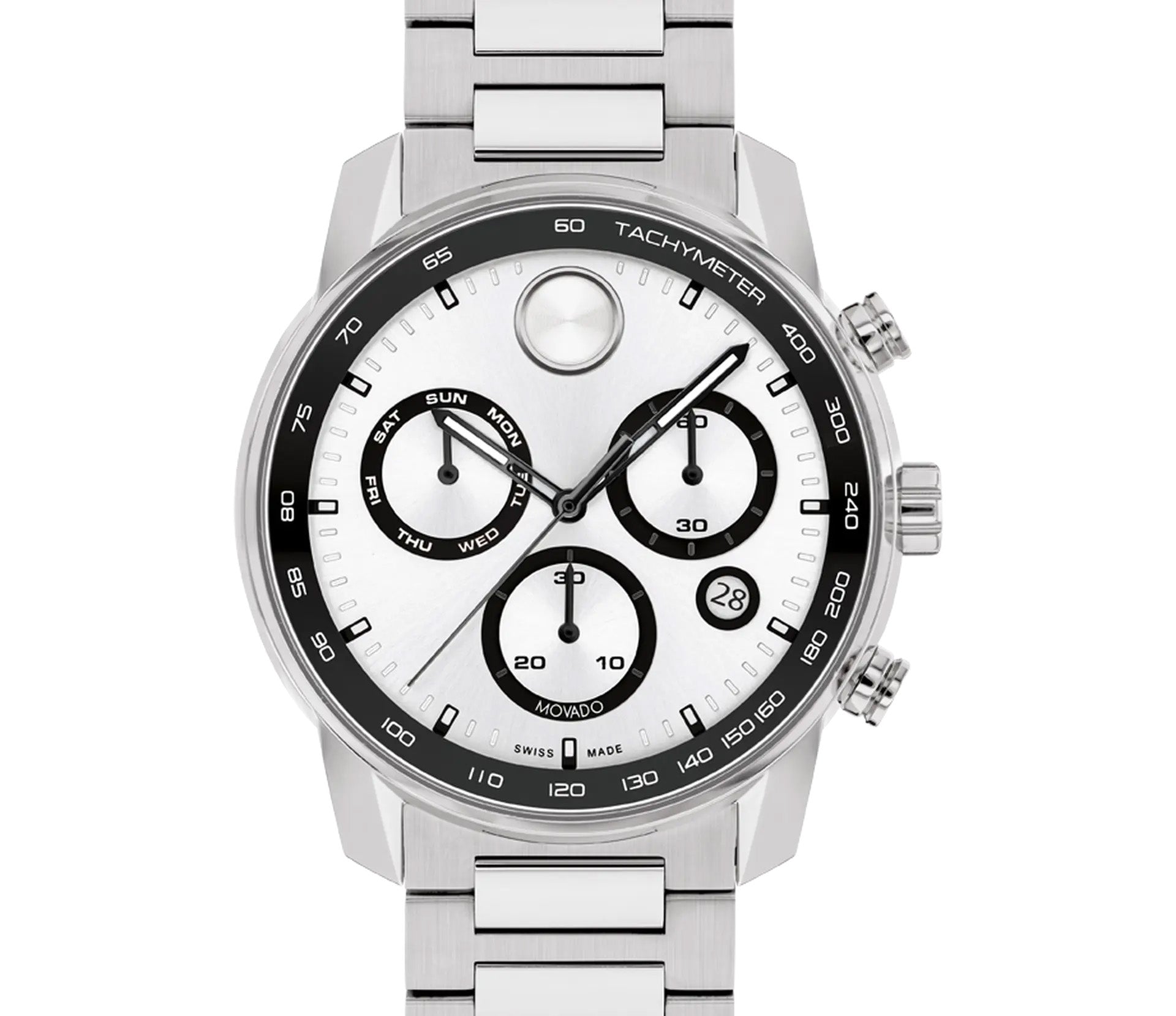 The Movado BOLD Verso Quartz 44mm Watch from Movado is a stainless steel chronograph watch featuring a sleek silver and black face, three sub-dials, a date window, and a tachymeter bezel. This timepiece is enhanced by a refined metal bracelet and precise silver hour markers.