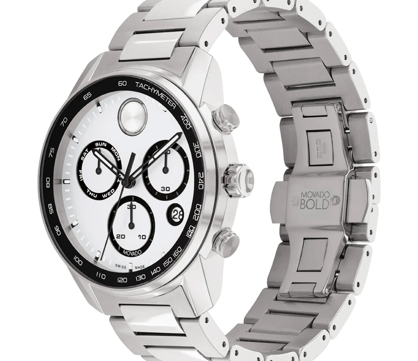 The Movado BOLD Verso Quartz 44mm Watch is a sophisticated choice, featuring a silver design with a stainless steel link band. It includes a black tachymeter bezel and offers chronograph functionality. The white dial is enhanced with three subdials for day, minute, and second tracking, along with a date display conveniently located at the 4 o'clock position.