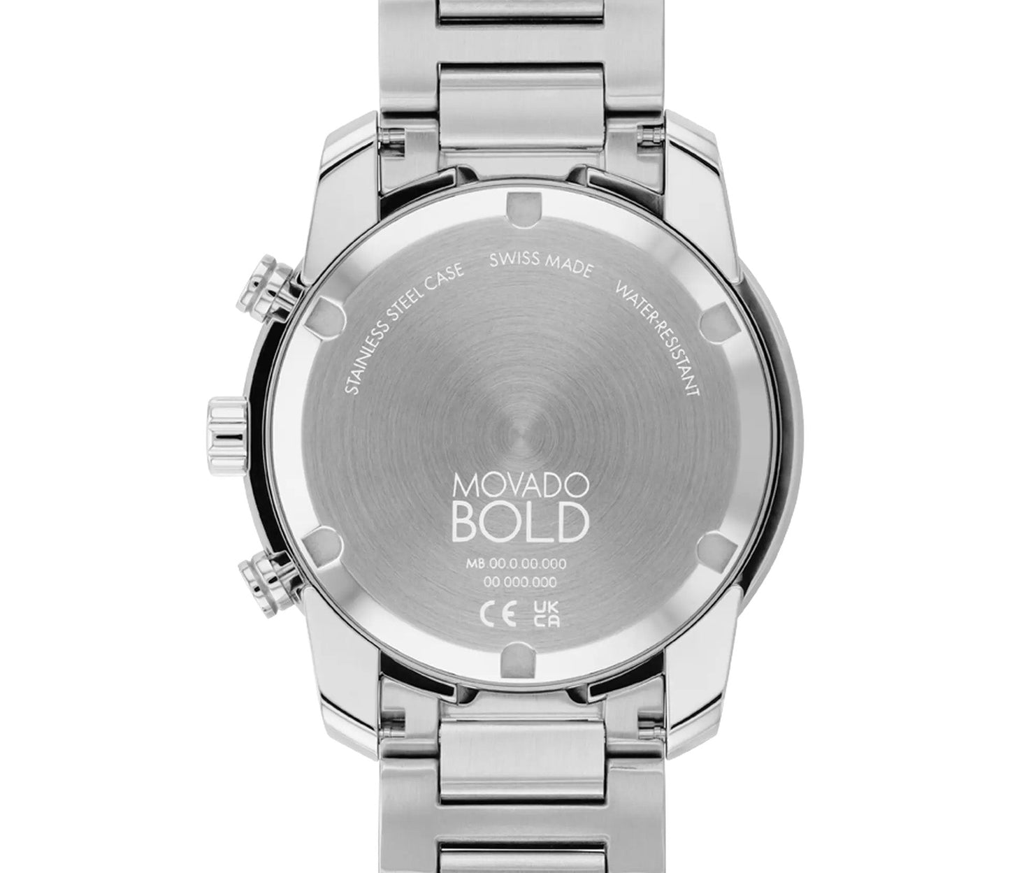 The back of the Movado BOLD Verso Quartz 44mm Watch reveals engravings like "Swiss Made," "Water Resistant," and "Stainless Steel Case." The circular metal backplate displays reference numbers and certifications, while the elegant timepiece is complemented by a sleek metal bracelet.