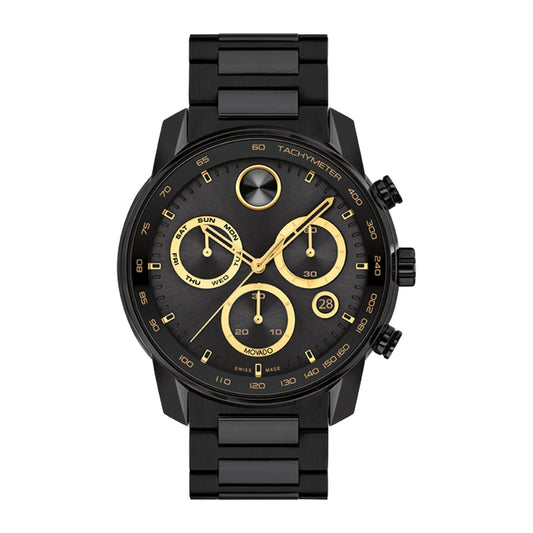 The Movado BOLD Verso Quartz Chronograph 44mm Watch features a sophisticated design with a black ion-plated stainless steel case and tachymeter bezel. Its face is adorned with gold accents, including hands and markers, which display the days of the week, date, and seconds through three subdials. The sleek bracelet complements the modern aesthetic while highlighting its advanced chronograph function.