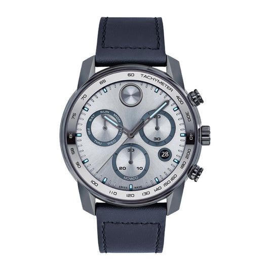 Introducing the Movado BOLD Verso Quartz Chronograph 44mm Watch by Movado. This elegant timepiece boasts a silver dial paired with a black leather strap. It includes three sub-dials, a date display, and is enhanced with Swiss Super-LumiNova for superior nighttime readability. The tachymeter bezel not only adds functional utility but also elevates the watch’s stylish appeal, perfectly set to 10:10 with visible day and date indicators for your convenience.