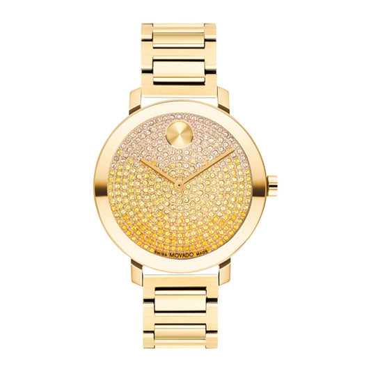 The Movado BOLD Evolution Quartz 34mm Watch is a masterpiece of elegance, showcasing a stunning crystal-studded dial with a minimalist design highlighted by a single dot at 12 o'clock. Crafted in yellow gold ion-plated stainless steel, it features sleek hands and comes with a matching gold bracelet strap.