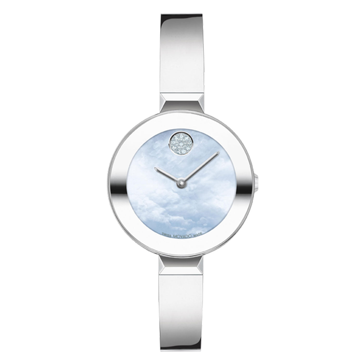 Introducing the Movado BOLD Quartz 28mm Watch by Movado, featuring a sleek and minimalist design. This stainless steel wristwatch boasts a round face with a cloudy sky pattern and two silver hands. At the 12 o'clock position on the mother-of-pearl dial, a single diamond accent adds elegance, while the look is complemented by a simple metal band.