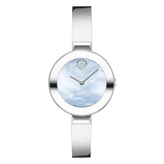 Introducing the Movado BOLD Quartz 28mm Watch by Movado, featuring a sleek and minimalist design. This stainless steel wristwatch boasts a round face with a cloudy sky pattern and two silver hands. At the 12 o'clock position on the mother-of-pearl dial, a single diamond accent adds elegance, while the look is complemented by a simple metal band.