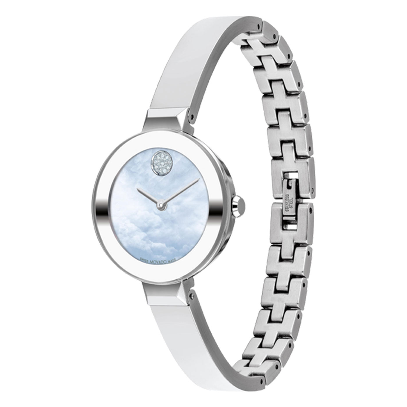 This Movado BOLD Quartz 28mm Watch showcases a minimalist design with its stainless steel chain-link band and a white round face featuring a cloud pattern. It includes two sleek hands and a textured circular design at the 12 o'clock position, reflecting the distinctive style of the Movado brand.