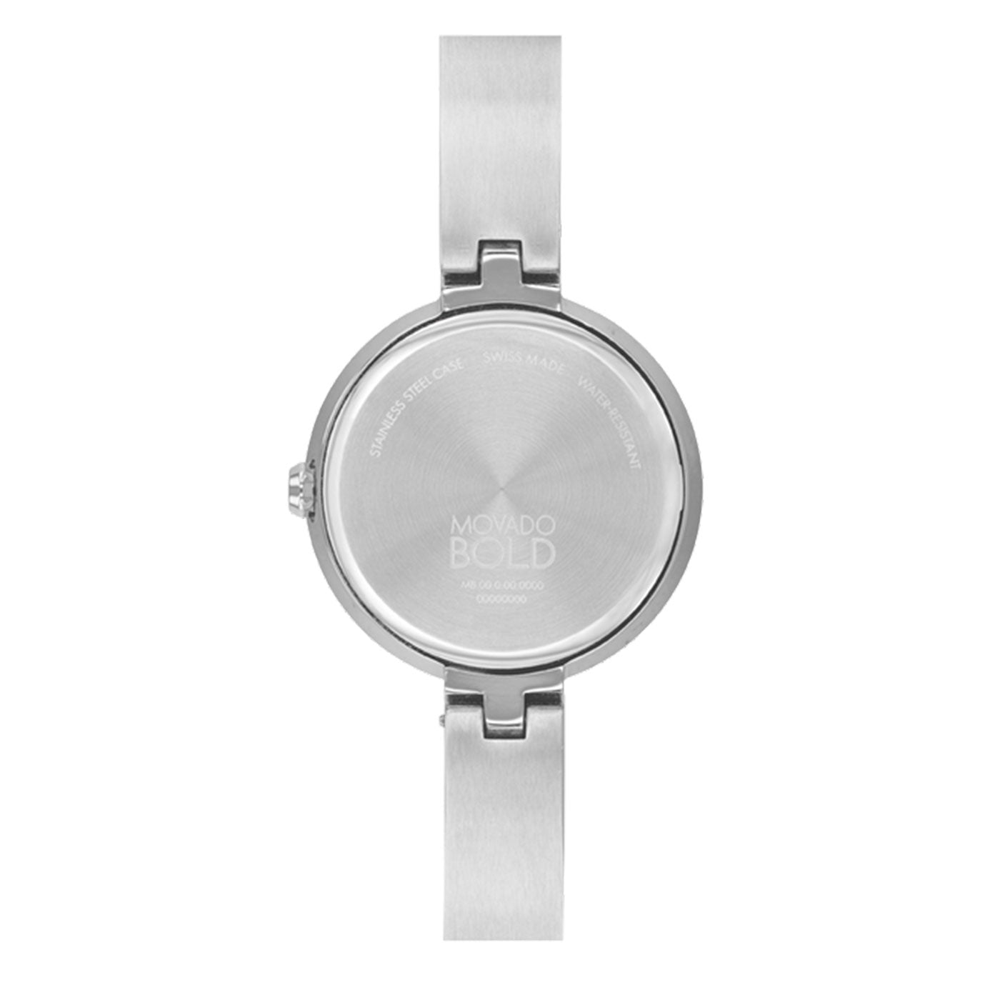 The image displays the back of the Movado BOLD Quartz 28mm watch, featuring a stainless steel case engraved with "SWISS MADE," "WATER RESISTANT," and its serial numbers. This Movado timepiece stands out with its sleek, minimalist design that exudes elegance and sophistication.